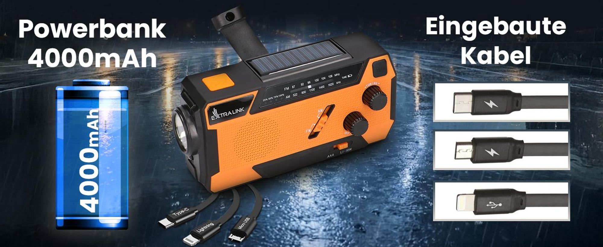 Extralink Notfallradio Solar & Kurbel, 4000mAh, Powerbank, LED