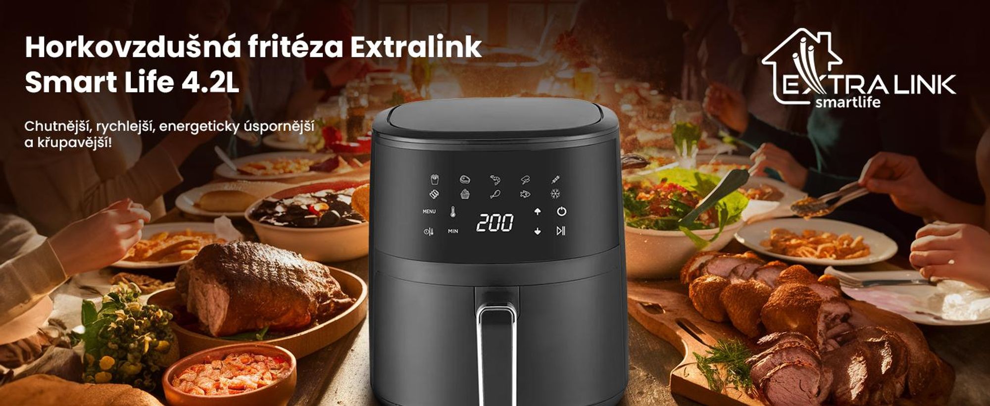 Extralink Air Fryer 4,2 l, horkovzdušná fritéza, 1300 W, dotykový displej, černá