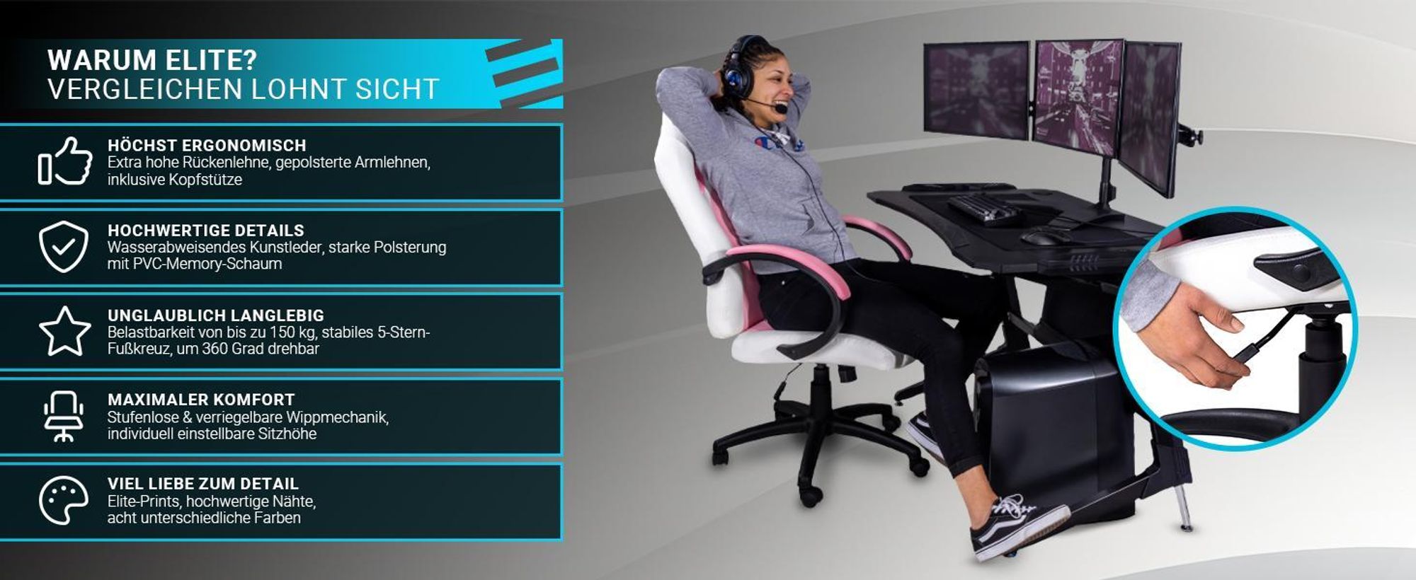 Elite Gaming Stuhl EXODUS | Bürostuhl Ergonomisch - Schreibtischstuhl - PC Gamer Racing Stuhl - Gaming Sessel - Computerstuhl - Belastbar bis 150 kg