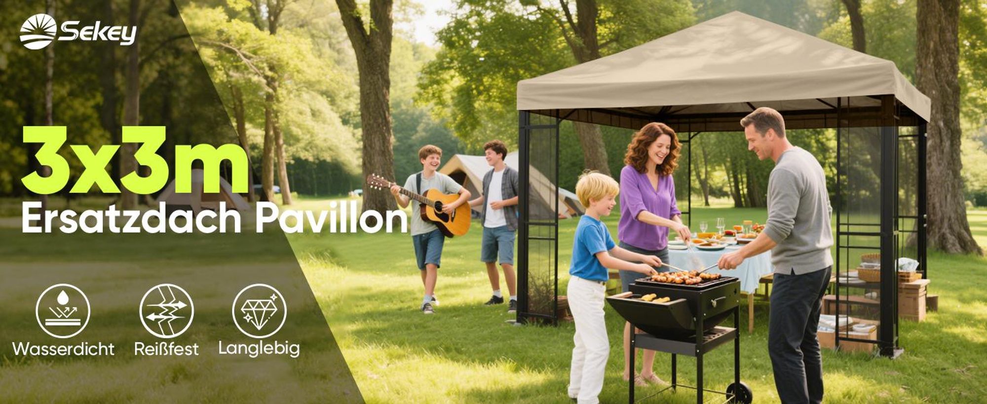 Sekey Pavillon Ersatzdach 3 x 3 m Wasserdicht 1000D Polyester mit doppelter PolyurethanBeschichtung für Gartenpavillon