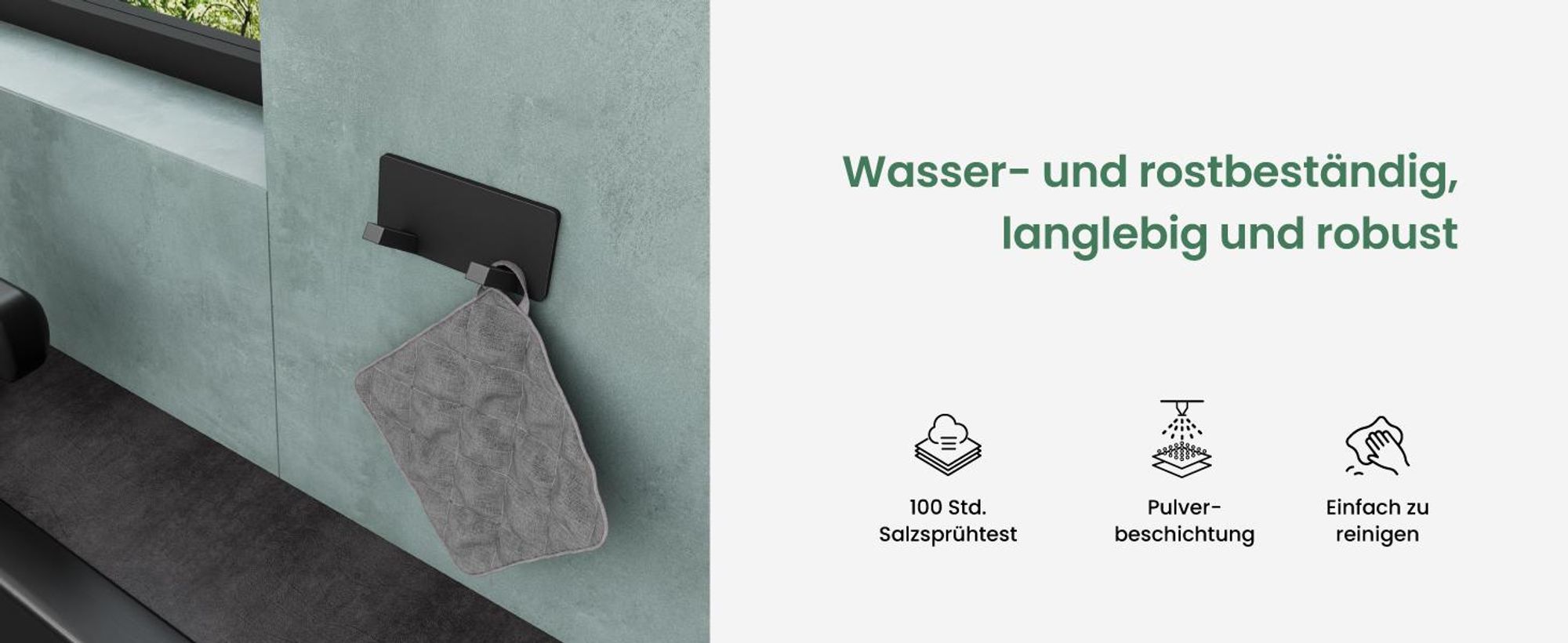 Mai & Mai Kleiderhaken ohne Bohren Wandgarderobe Wandhaken aus Edelstahl mit 2 Haken Garderobenleiste Garderobenhaken 81mm Matt schwarz Stalo-04