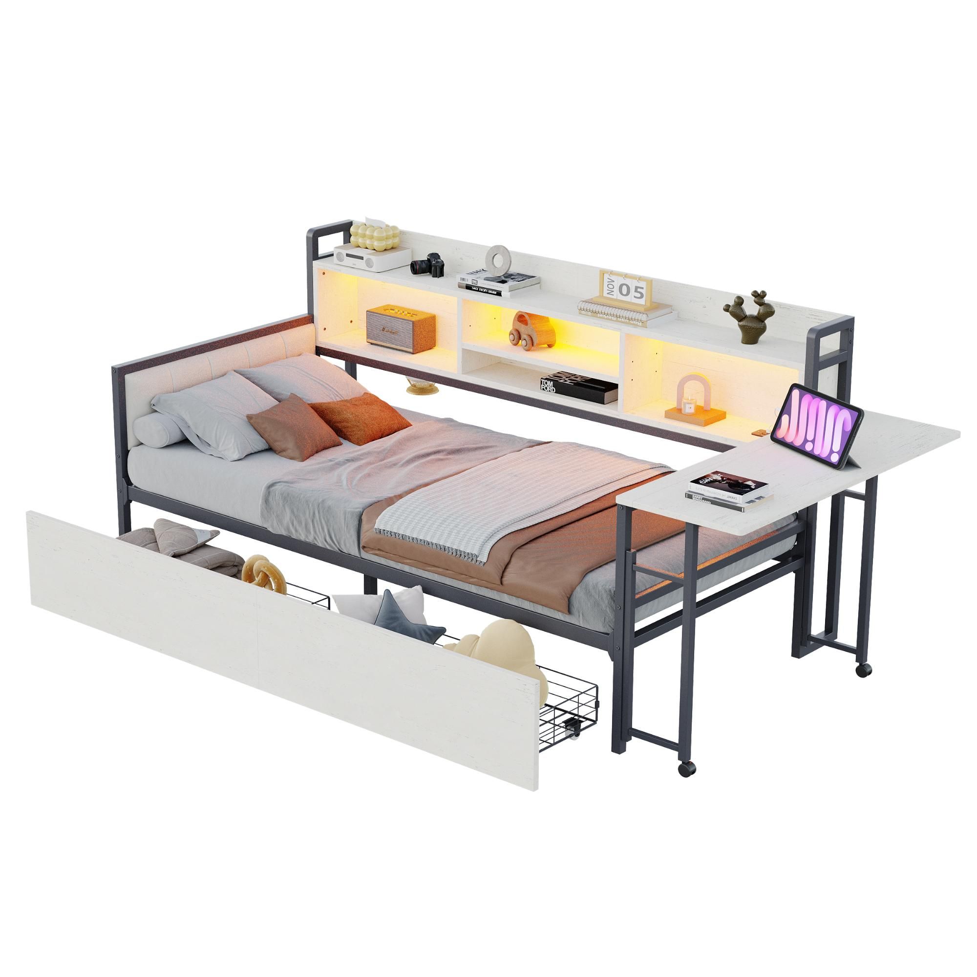 Merax Eisen Sofabett 90×200cm mit LED-Beleuchtung und Steckdose, Tagesbett mit Schubladen und ausziehbarem Schreibtisch, Stauraum & Rückenlehne, Weiß