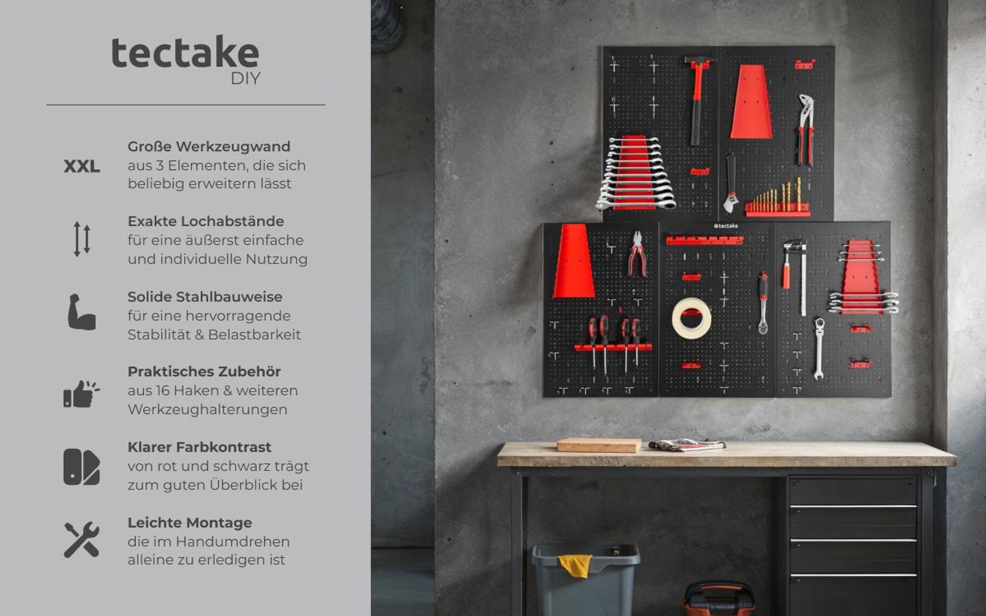 tectake® Werkzeuglochwand Jonah fünfteilig Belastbarkeit 4 kg pro Platte