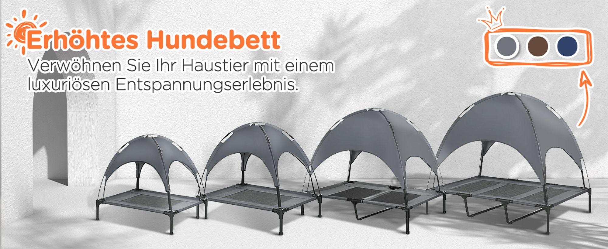 PawHut Erhöhtes Hundebett mit Baldachin, Haustierbett, Hundeliege outdoor mit Dach, Atmungsaktiv, Taftstoff für Camping Grau 122 x 92 x 108 cm
