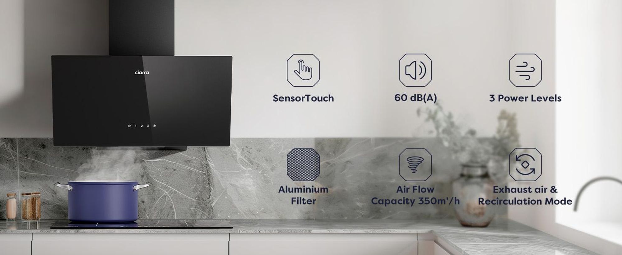 CIARRA digestor 60 cm hlavový rozsah digestor 350 m³/h A++ hlavový voľný sklon digestor nástenný digestor SensorTouch VMB6750C