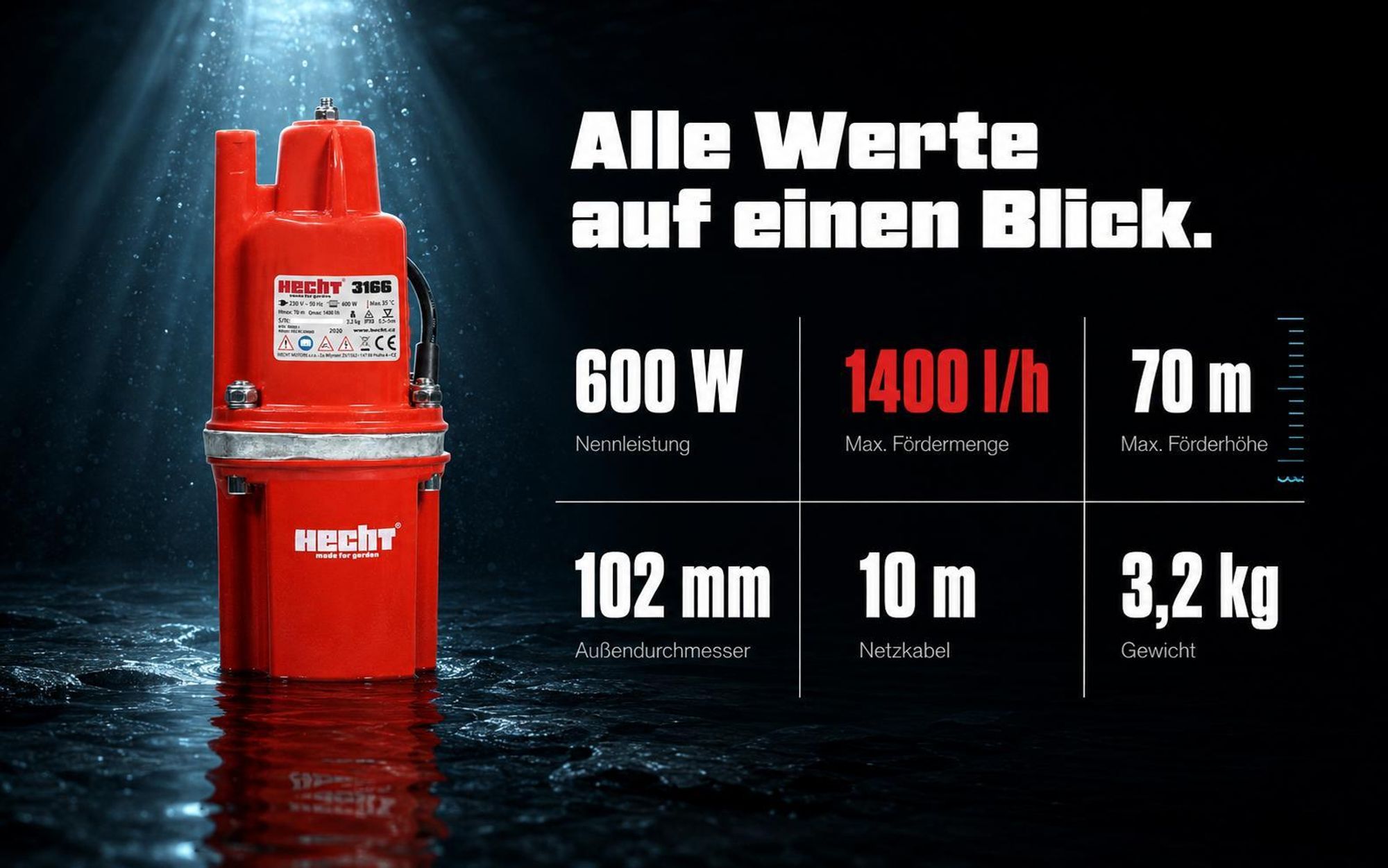 HECHT 3166 Membranpumpe | 600 W | 1400 l/h | 70 m Förderhöhe | DN 125 | 10 m Anschlusskabel