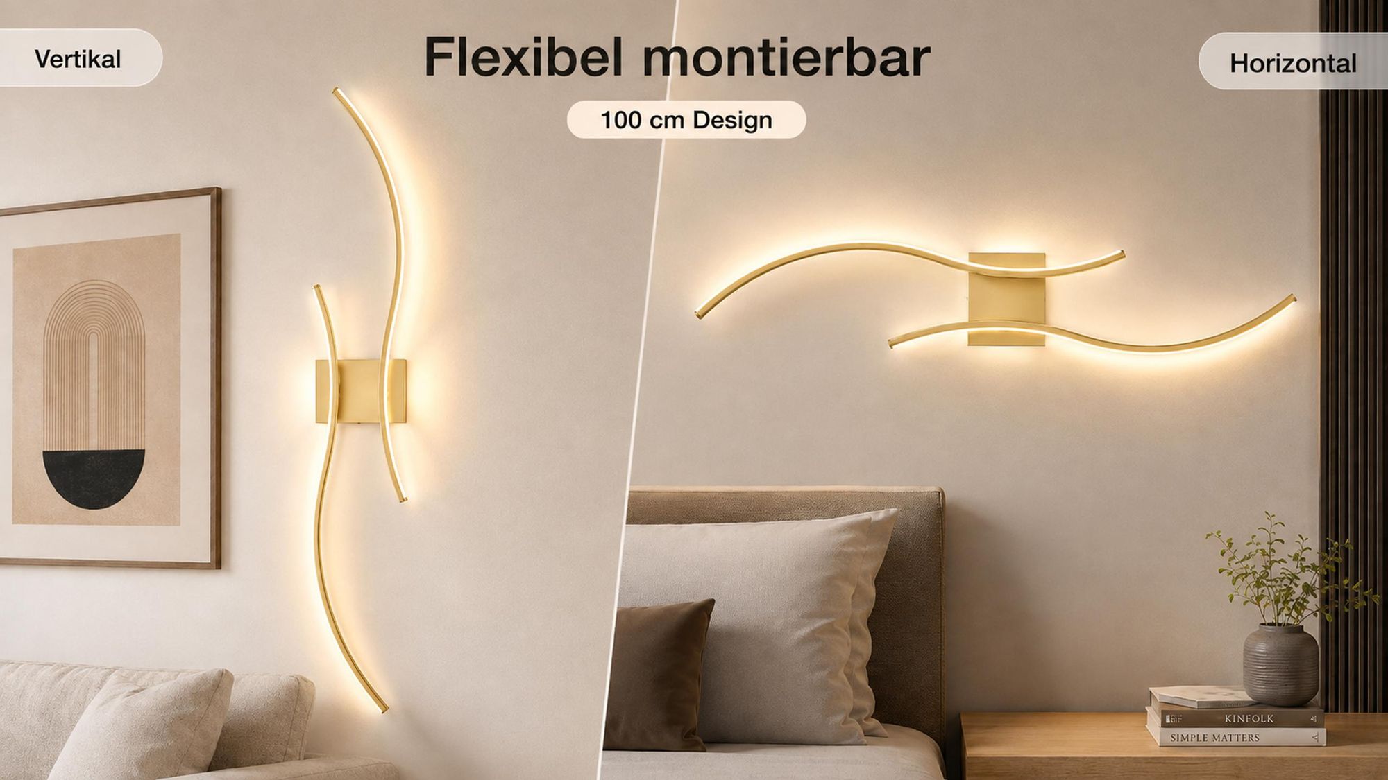 Akku Wandleuchte 100cm 2er Set - Kabellos Dimmbar 3000K-6000K USB-C Wiederaufladbar Wandlampe mit Fernbedienung Gold Wohnzimmer Flur Treppenhaus
