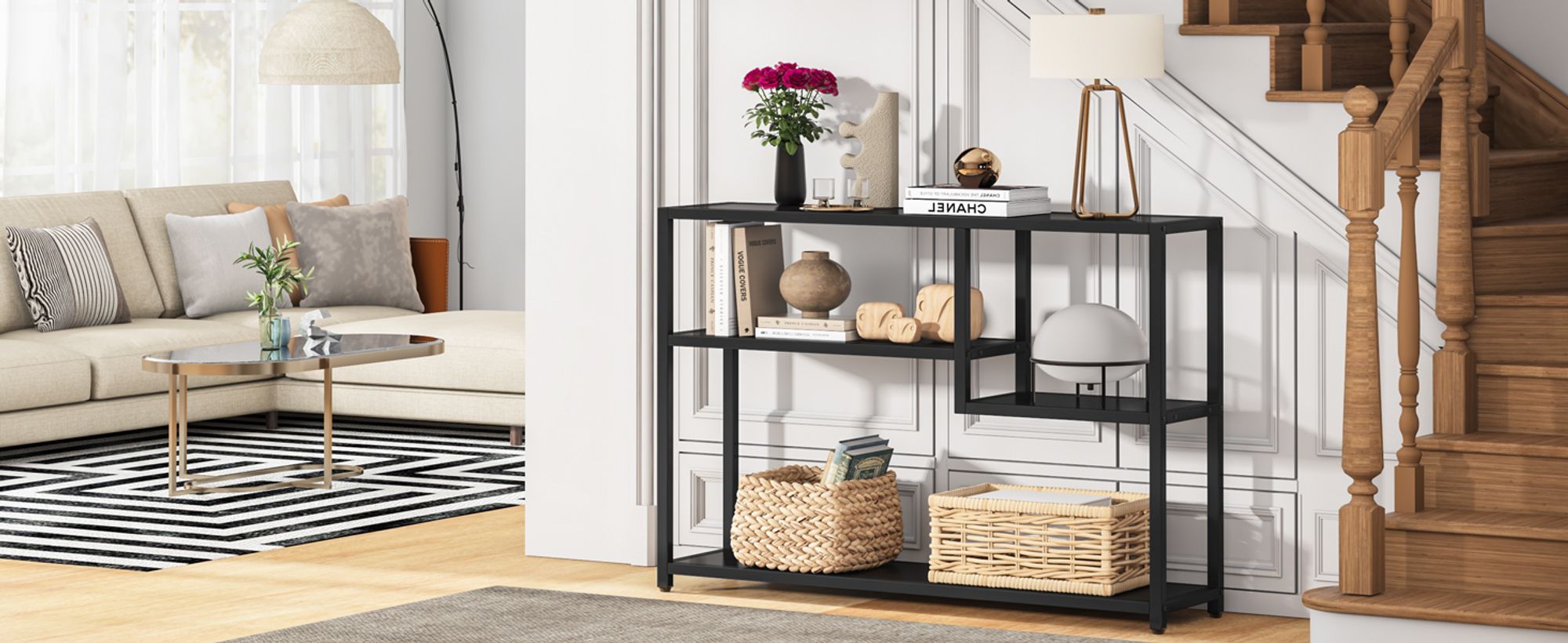 Tribesigns Konsolentisch, Kleiner schwarzer Eingangstisch mit Ablagefächern,108cm-Vintage-Beistelltisch hinter Couchtisch für Wohnzimmer