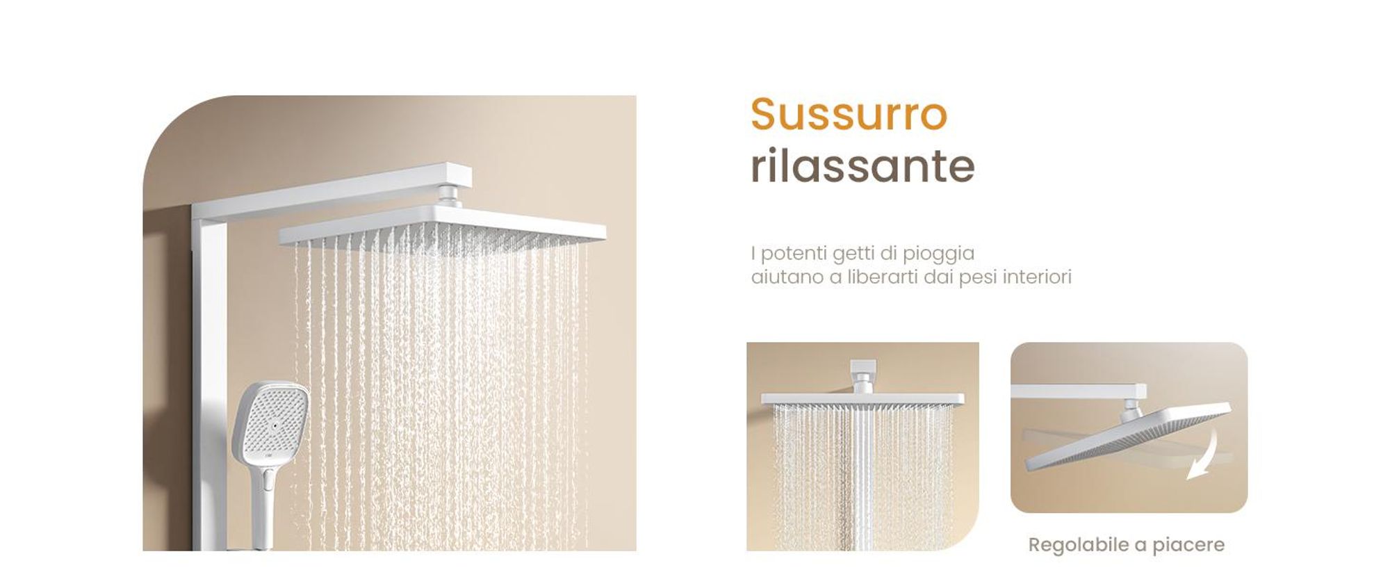 Sistema doccia EMKE con termostato Colonna doccia dal design pluripremiato, bianco 360×240 mm, doccia a pioggia angolare, regolatore del flusso d'acqua, bocca da bagno F29