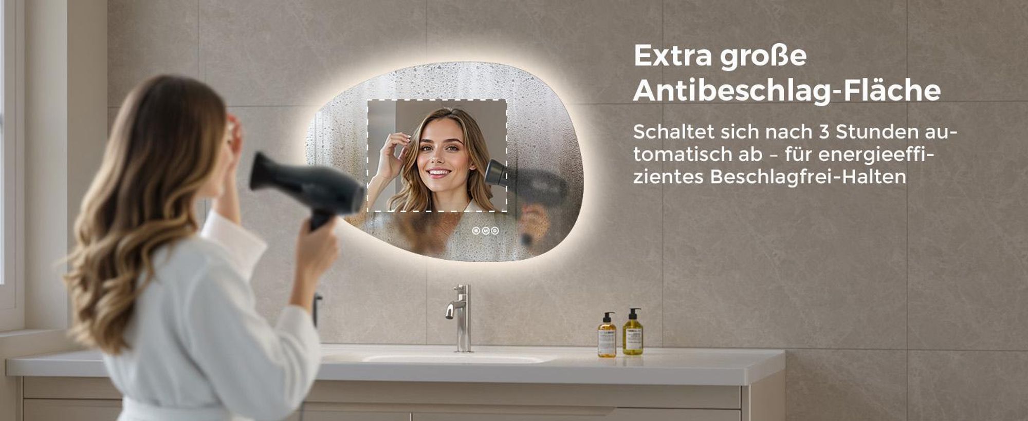S'AFIELINA Badspiegel mit Beleuchtung 85×50 cm LED Touch Schalter Wandspiegel 3 Lichtfarben und Dimmbar, Anti-Beschlag- und Memory-Funktion