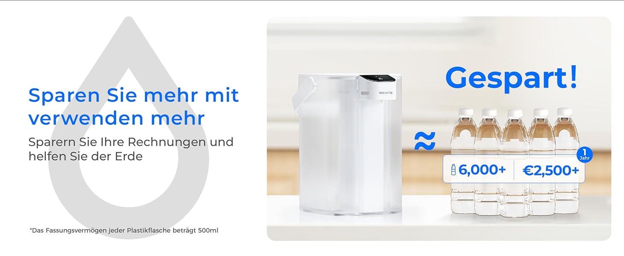 Waterdrop Instant Eletric Wasserfilter Kanne, 3.5L 3 Monate Wasserfilter Outdoor Trinkwasser System, Weiß (mit 3 757 Liter Filter)