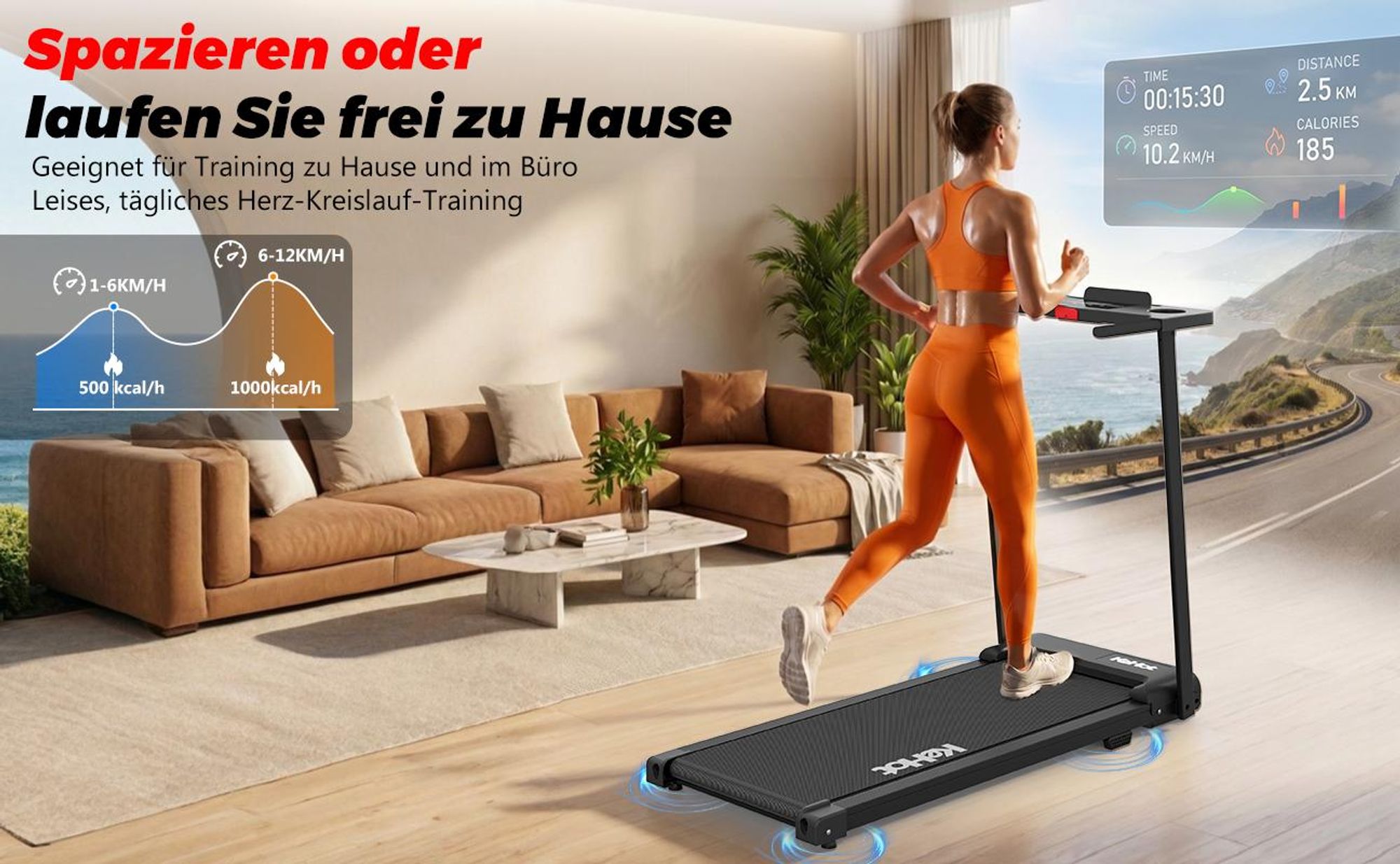Kompaktes 3-in-1 Klapp-Laufband Für Zuhause, 2,5 PS Motor, 1–12 km/h, LED-Display, 12 Programme, Bluetooth-Lautsprecher, Walking Pad Für Zuhause