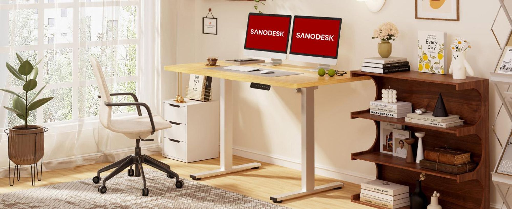 SANODESK Höhenverstellbarer Schreibtisch Elektrisch 120x60cm Einteilige Tischplatte, 4 Speicherplätzen, 60 kg Tragkraft, Anti-Kollisionsschutz (Ahorn)