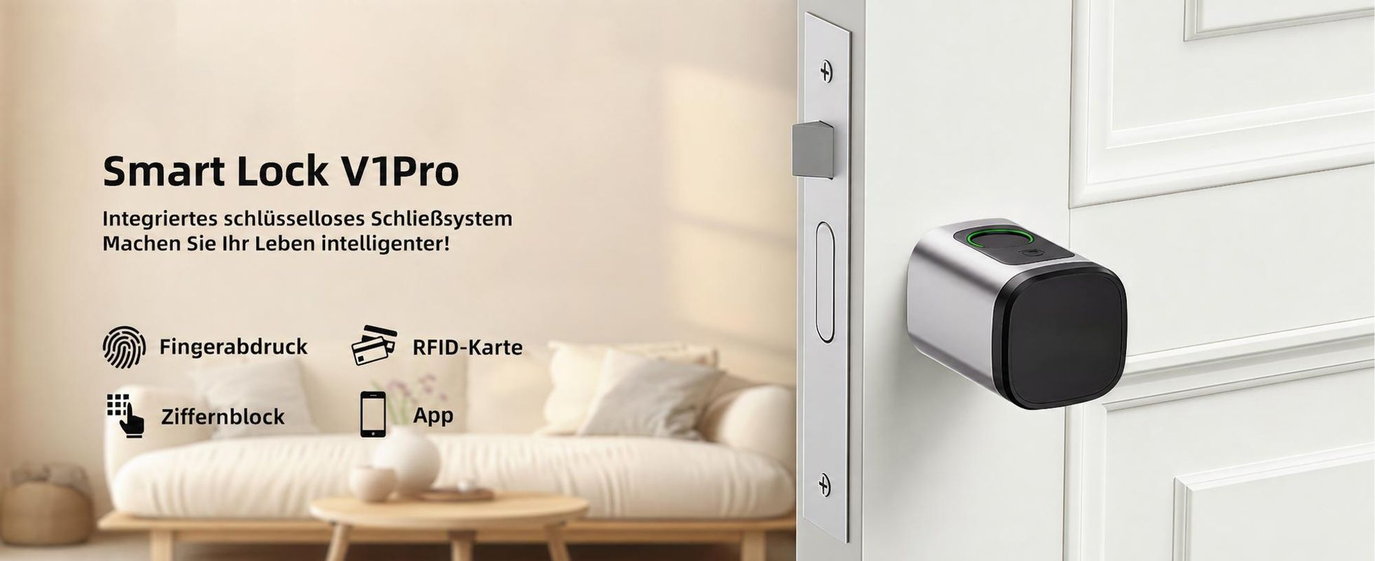 Elektronisches Türschloss mit Fingerabdruck, Schließzylinder verstellbar 60-90mm, Öffnen per PIN-Code, RFID-Karte, Notschlüssel & Tuya App