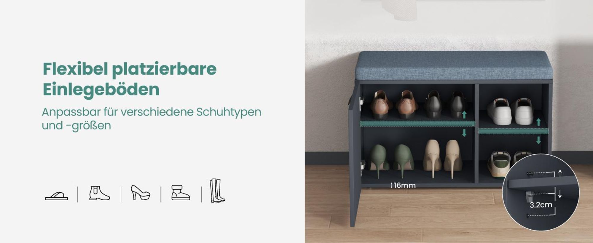 Mai & Mai Schuhbank mit Sitzfläche, Schuhregal mit Schiebetüren und offenen Fächern, gepolsterter Sitz, verstellbare Ablagen Matt weiß Zitta-01