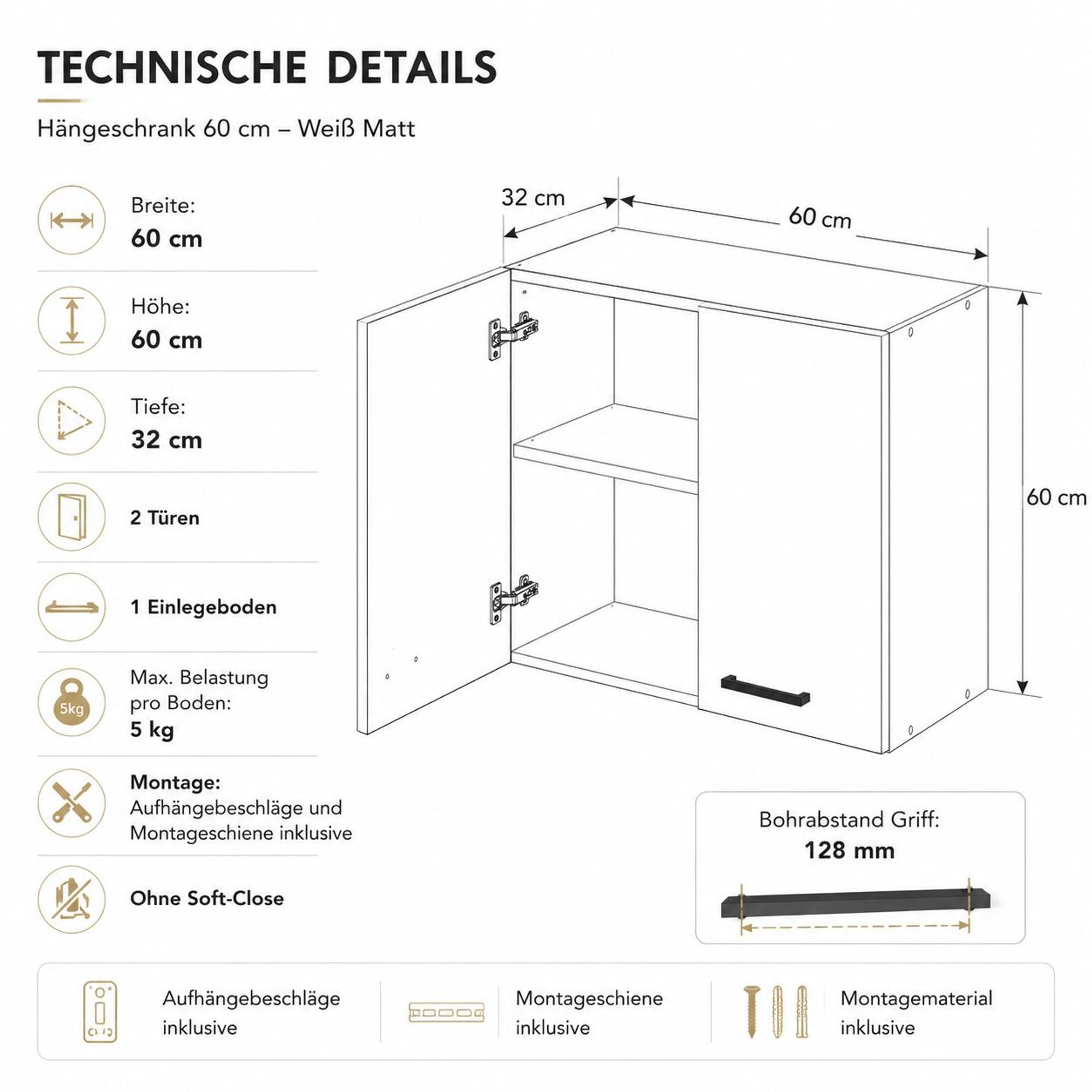 Abmessungen Hängeschrank 60x60x32 cm (BxHxT) Weiß Matt. Technische Übersicht.