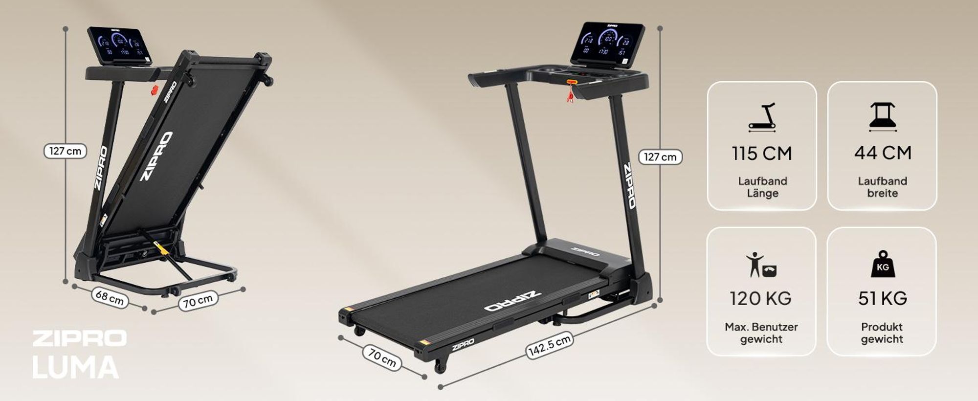 ZIPRO Luma Laufband Klappbar mit Steigung - Elektrisches Laufband für Zuhause 12km/h Heimtrainer Fitnessgerät Kinomap App Bluetooth