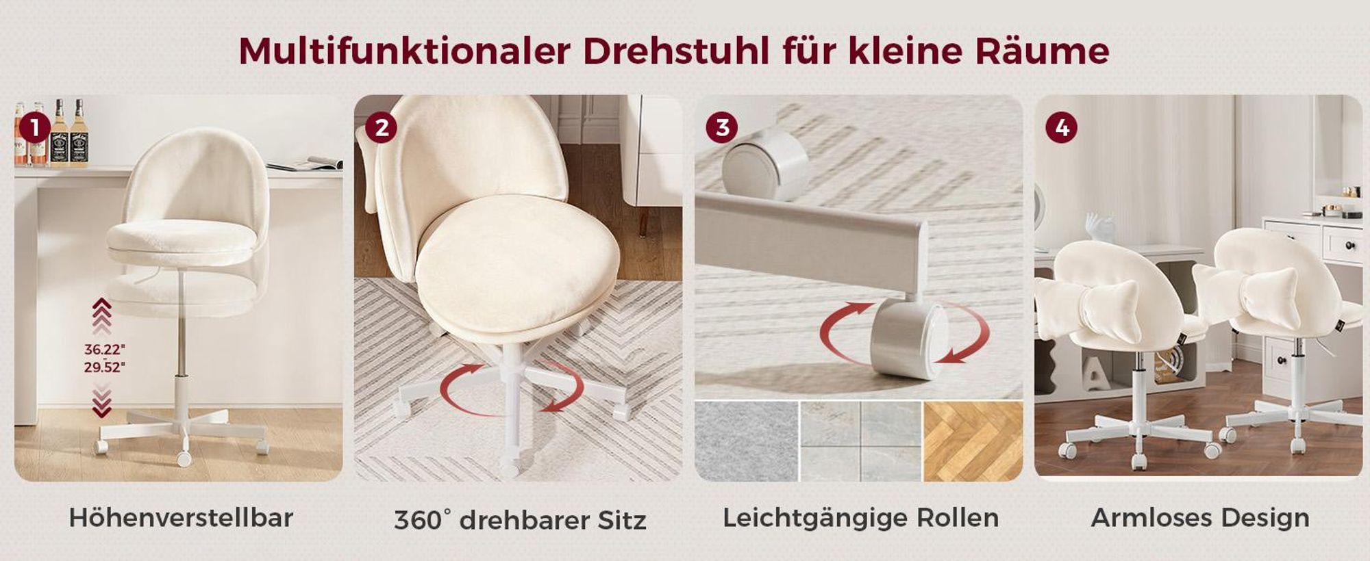 COMHOMA Homeoffice Stuhl, Schminkstuhl, Schreibtischstuhl ohne Armlehnen, Drehstuhl mit Rückenstütze, Bequemer Bürostuhl auf Rollen, Höhenverstellbare
