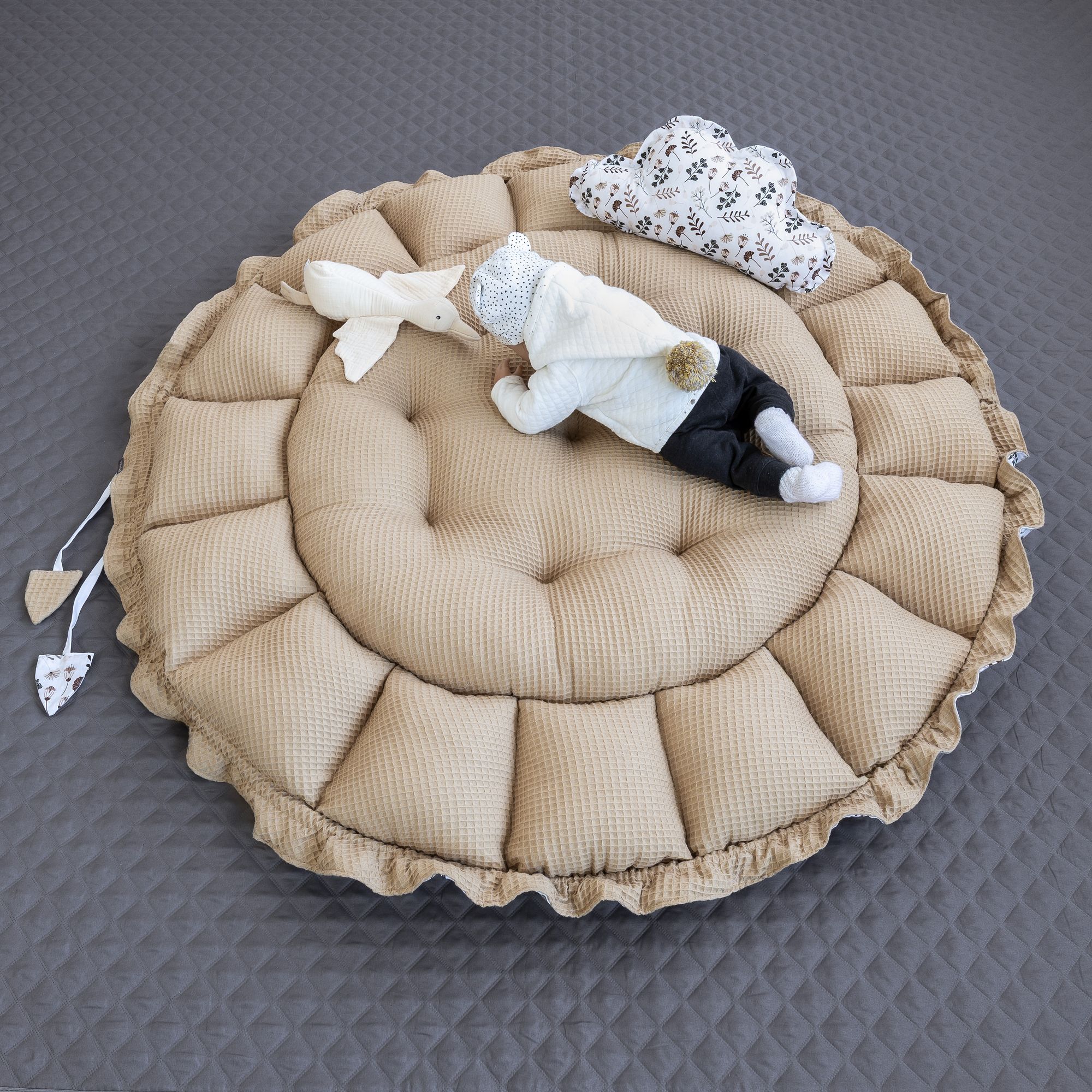 Zweiseitig Babynest ENGELSNEST XXL Blumen BRAUN Baumwolle/ WAFFELPIQUE Taupe Beige  Baumwolle + Wolke Kissen (Reisebett Nestchen Ausstattung SET)
