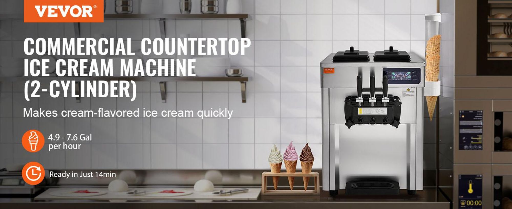 VEVOR Kommerzielle Eismaschine 18–28 L/h, 3 Geschmacksrichtungen, Italienische Eismaschine, 2 x 5,5 L Trichter, LCD-Panel, Automatische Vorkühlung, Reinigung, für Joghurt, Kaffee, Snackbar, Restaurant