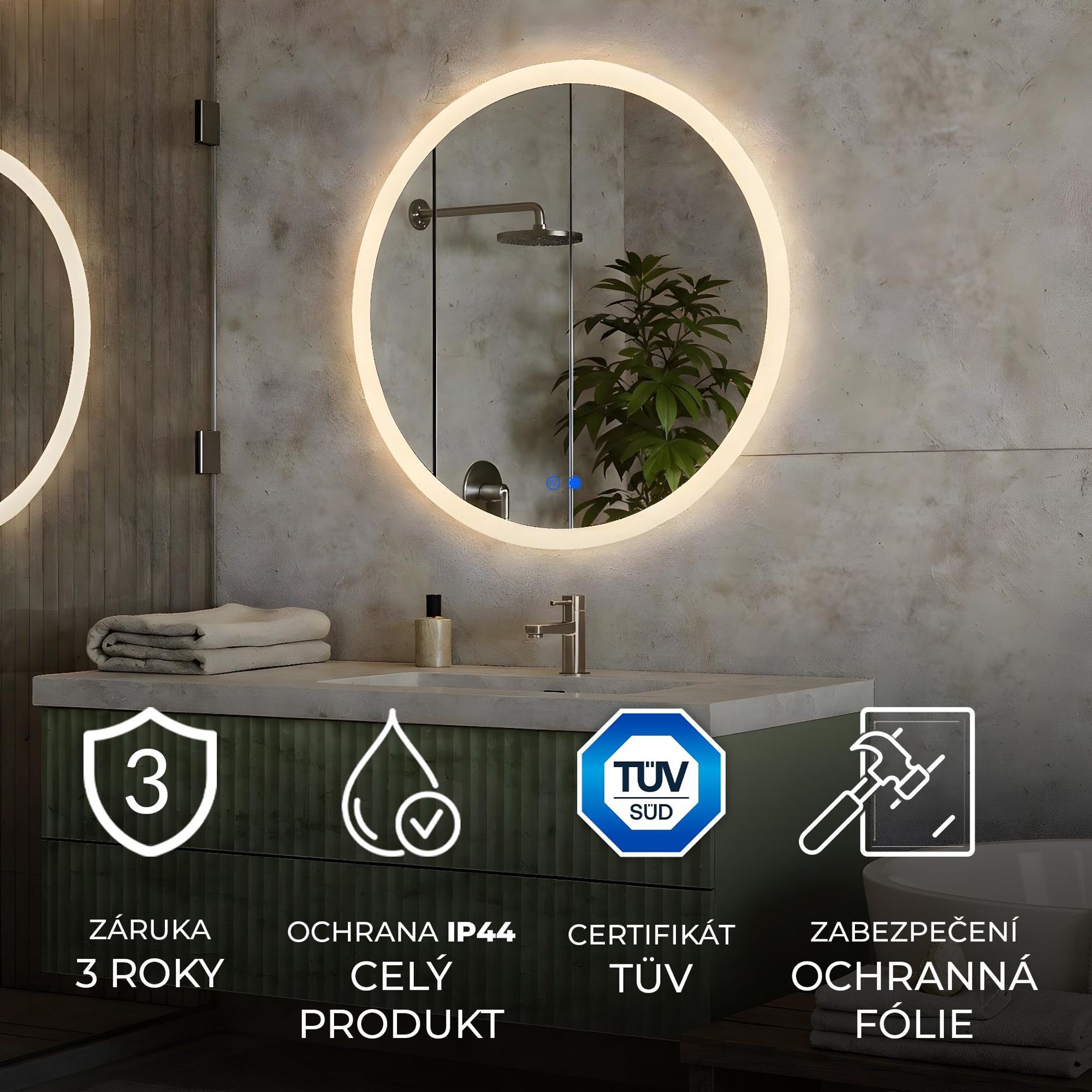 Artforma Zrcadlo do koupelny s led osvětlením 80cm, Dotykový spínač, Topná rohož