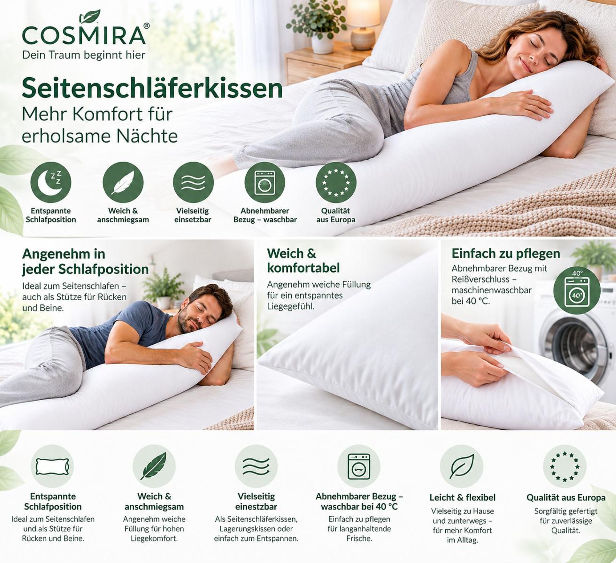 COSMIRA Seitenschläferkissen 145 x 40 cm, langes Schlafkissen, Körperkissen mit waschbarem Bezug