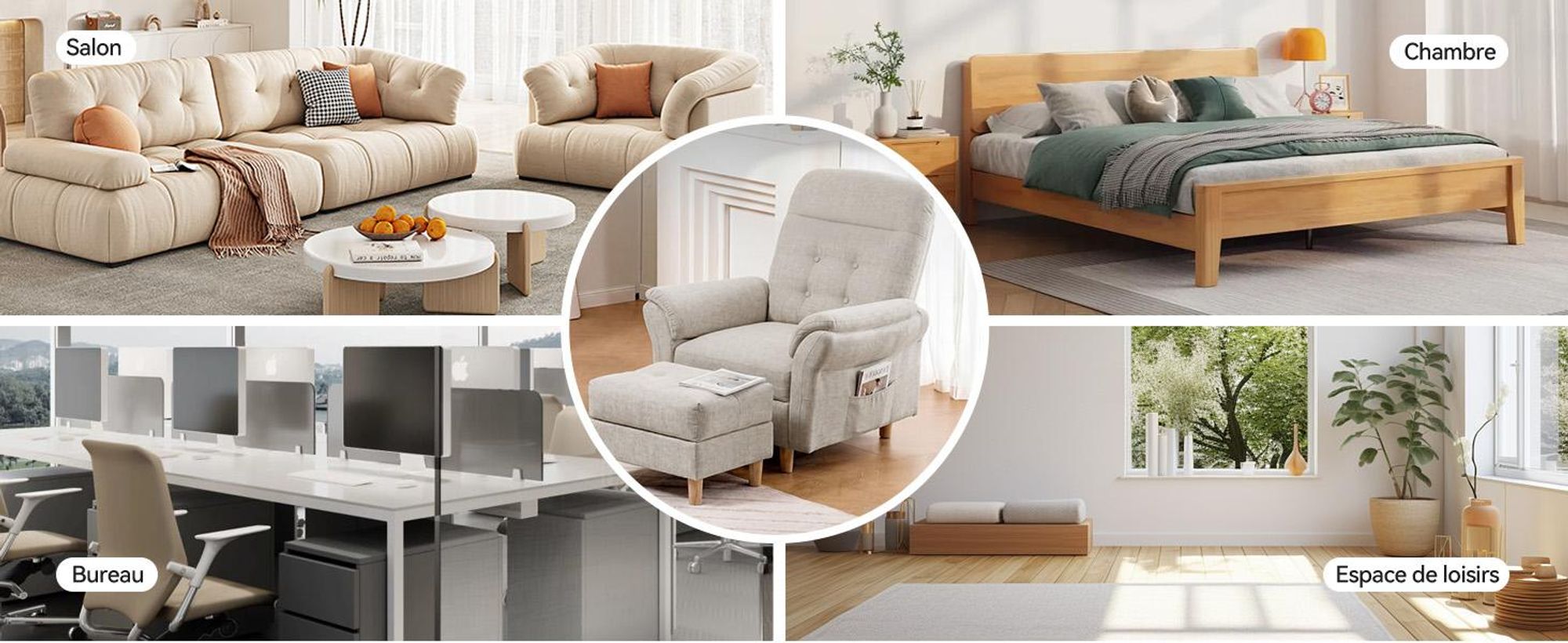COMHOMA Fauteuil de relaxation Fauteuil TV avec dossier réglable 4 vitesses jusqu'à 160°, coussin à ressorts avec pouf Fauteuil de relaxation unique Salon Beige