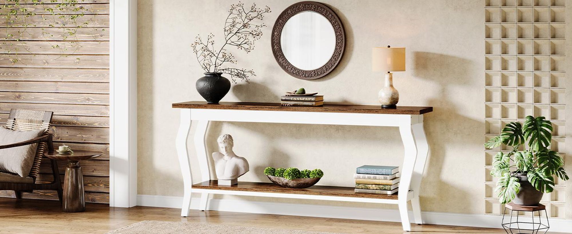 Tribesigns 180 cm langer Sofatisch, Vintage-Konsolentisch mit 2 Ablageflächen für Flur, Eingangsbereich und Wohnzimmer, Weiß & Braun