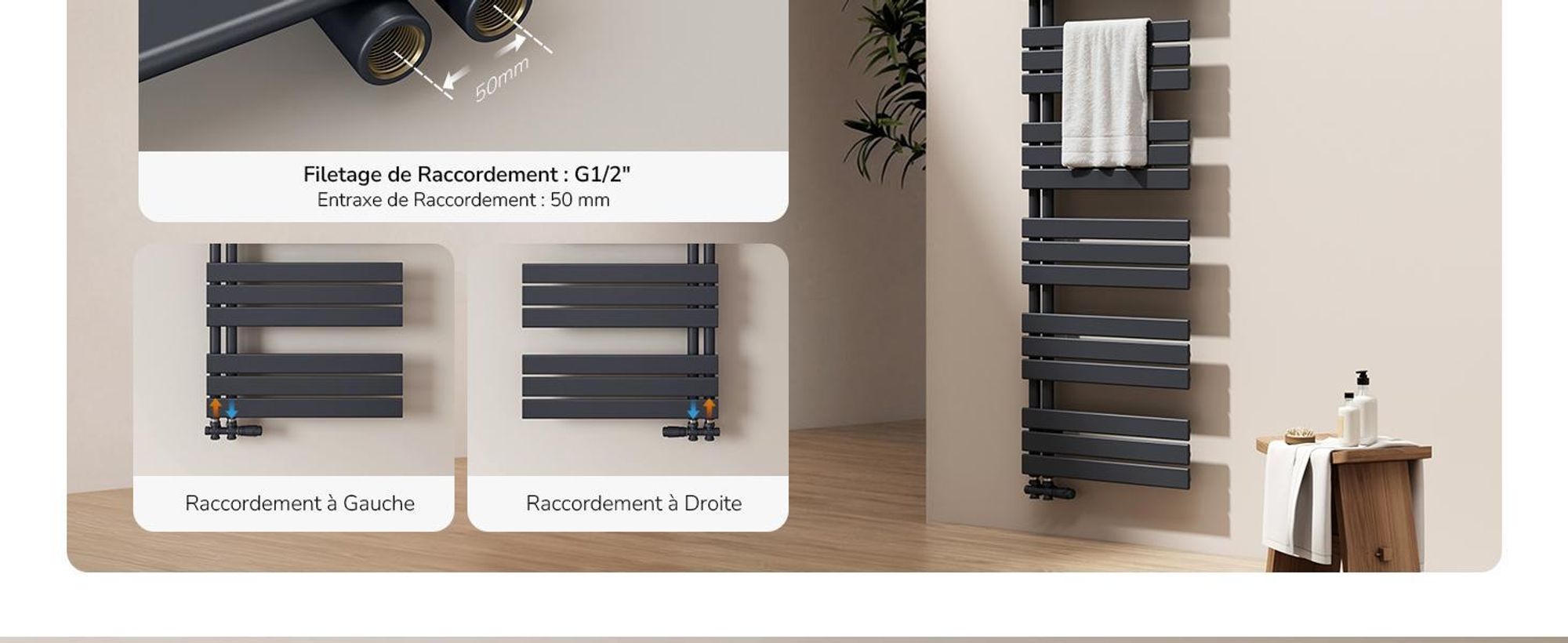 EMKE Sèche-serviettes Radiateur de salle de bains Radiateur à panneaux Raccordement latéral Montage mural Eau chaude 1041 x 600 mm Anthracite sans thermoplongeur