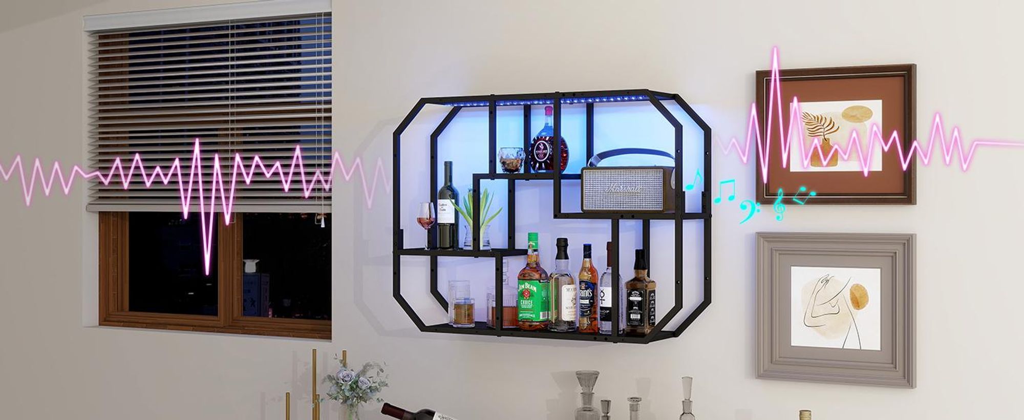 Puluomis LED Wandregal mit Musik-Modus 85x63cm, Beleuchtetes Regal mit 7 Farben 58 Modi, Wand- oder Bodenmontage mit Anti-Kipp, Für Wohnzimmer Bar