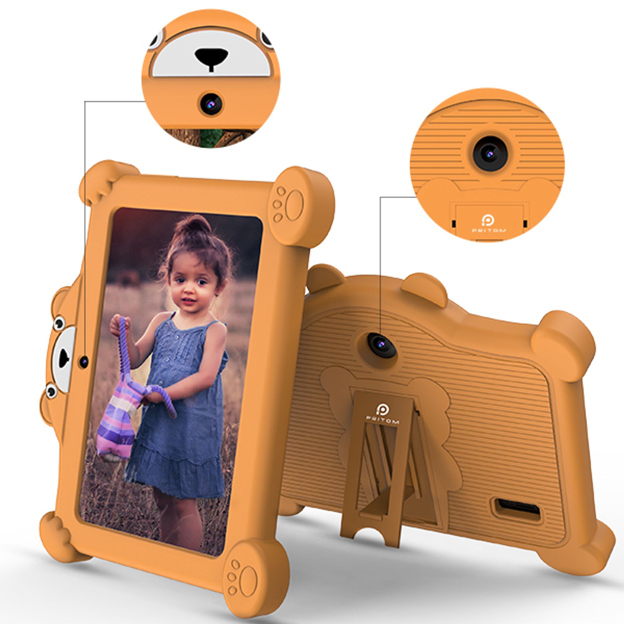 7-Zoll-Kleinkind-Tablet für Kinder Android 11 2 GB RAM 32 GB ROM installierte Kindersoftware, mit bärenförmiger Schutzhülle, Orange