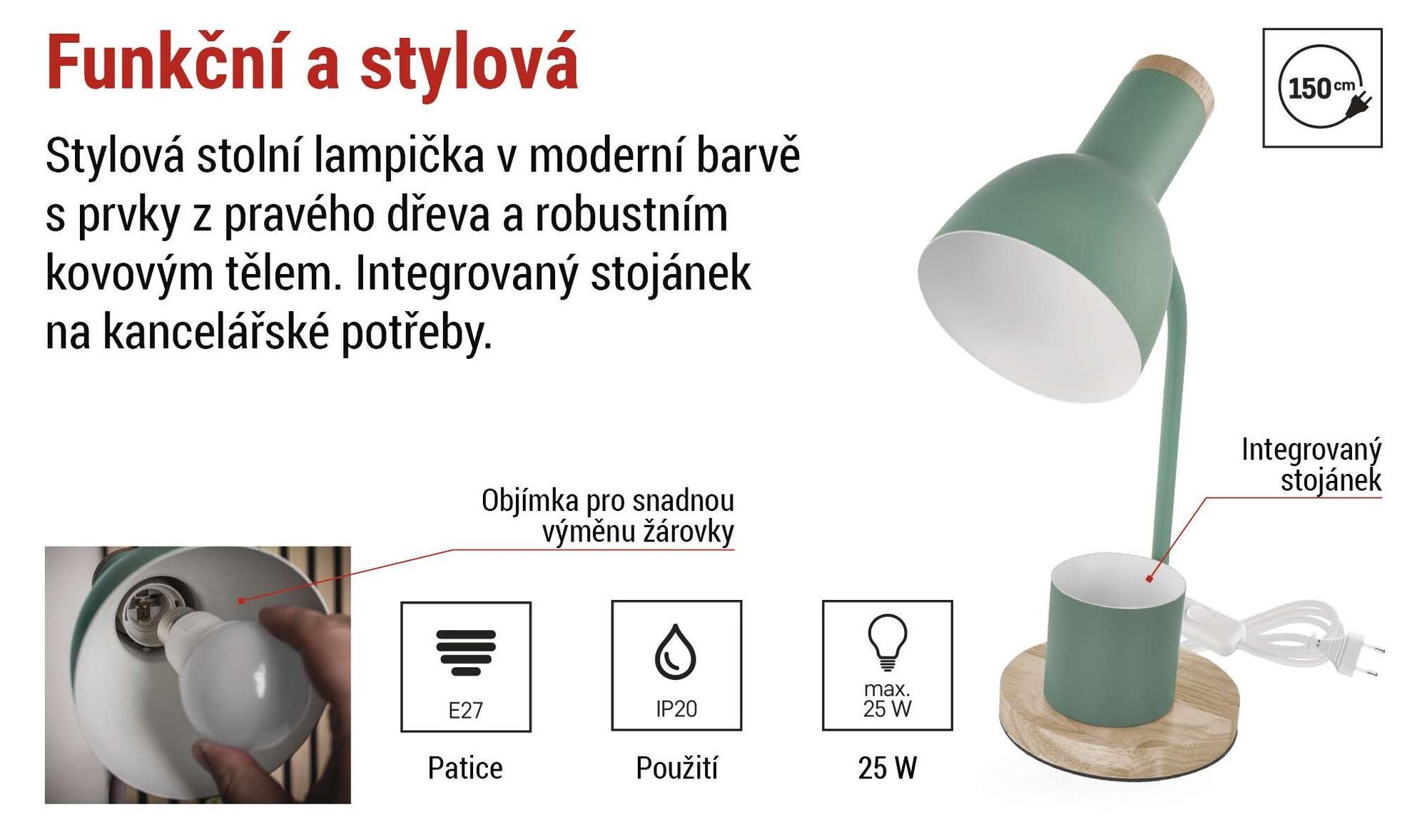 EMOS LED stolní lampa POPPY se stojanem na propisky, závit E27, kabel 1,5 m s vypínačem a eurozástrčkou, bez žárovky, E27 max. 25 W, zelená, Z7640GR