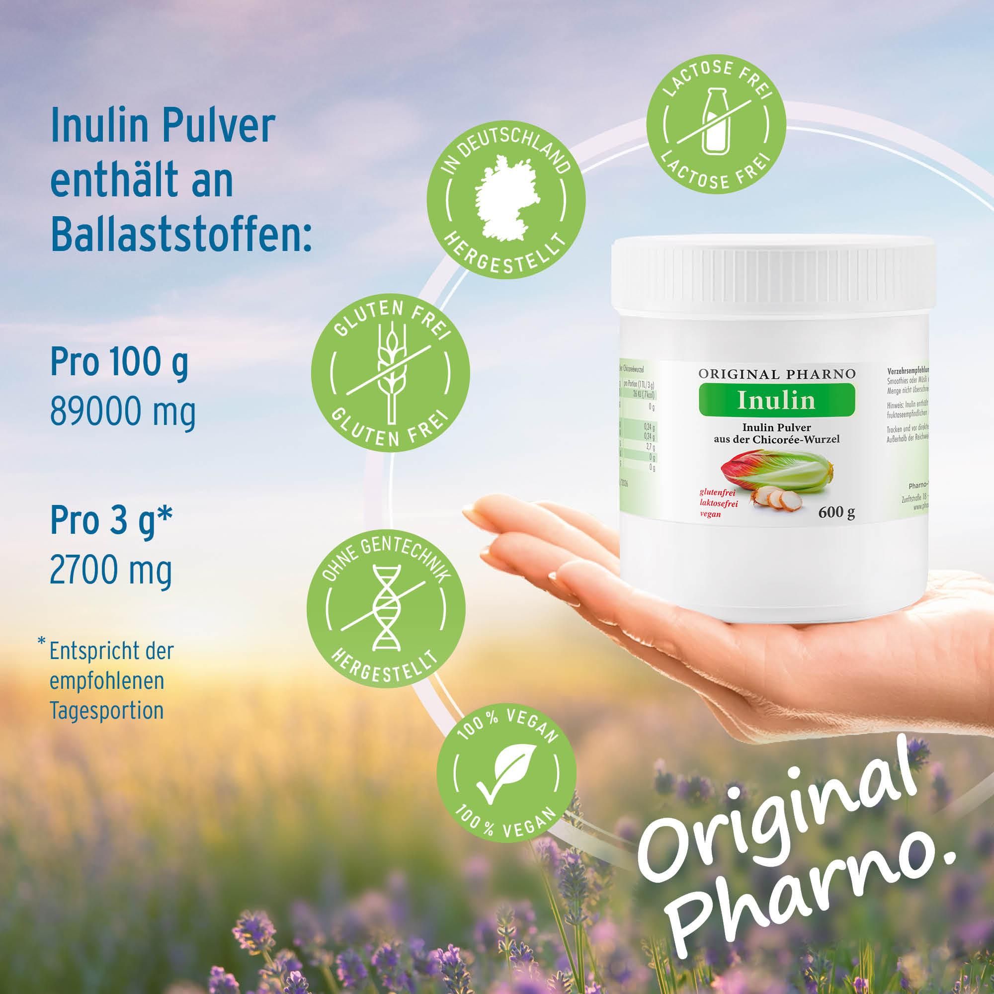 Inulin Pulver 600 g – Pures Inulinpulver, pflanzlicher Ballaststoff aus der Chicorée-Wurzel, vegan – ohne Zusatzstoffe – Original Pharno