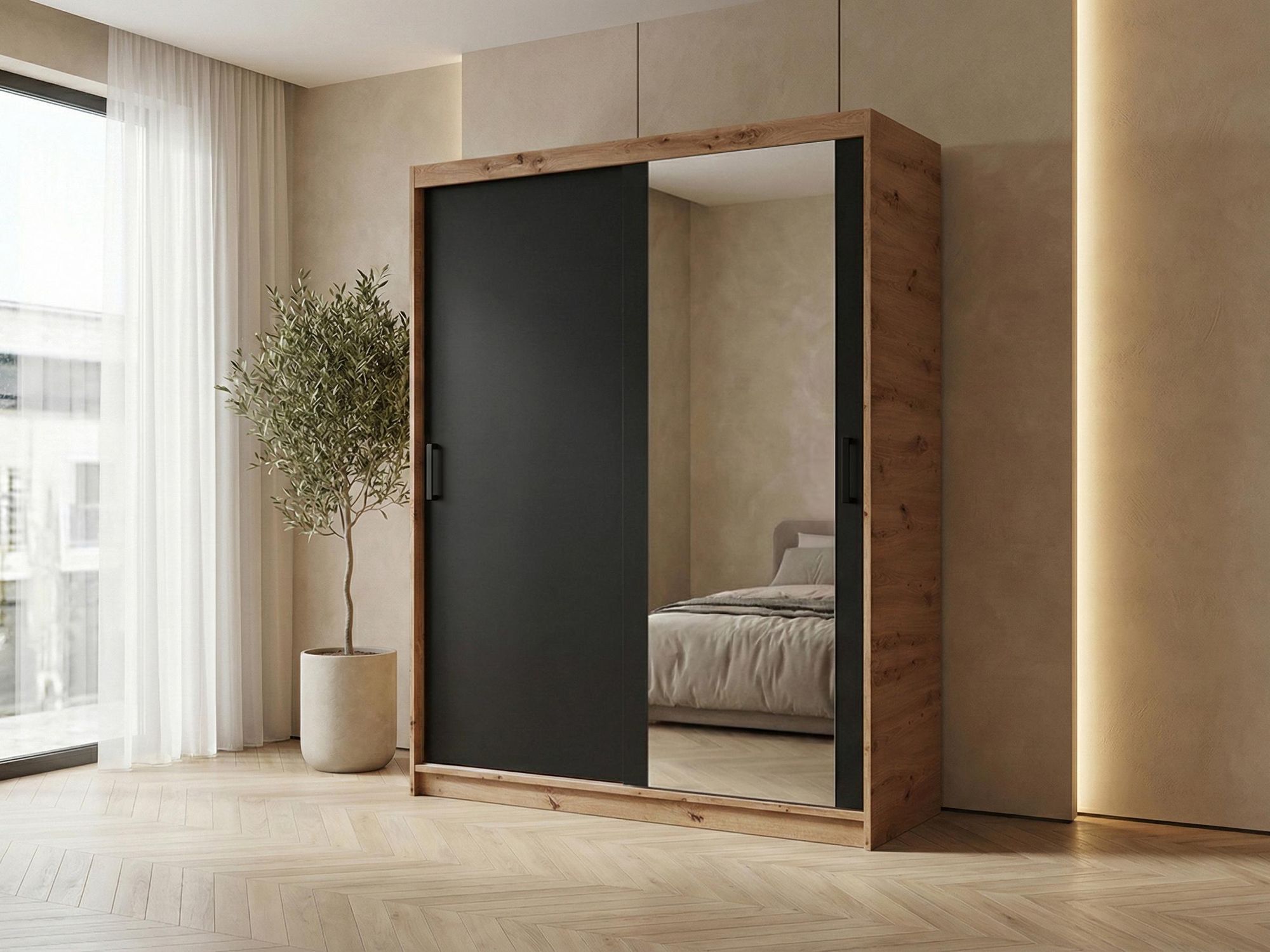 BEAUTYSOFA | Schwebetürenschrank HELA 160 cm Eiche Artisan + Schwarz – 2-türig Moderner Kleiderschrank mit Spiegel und Schiebetüren