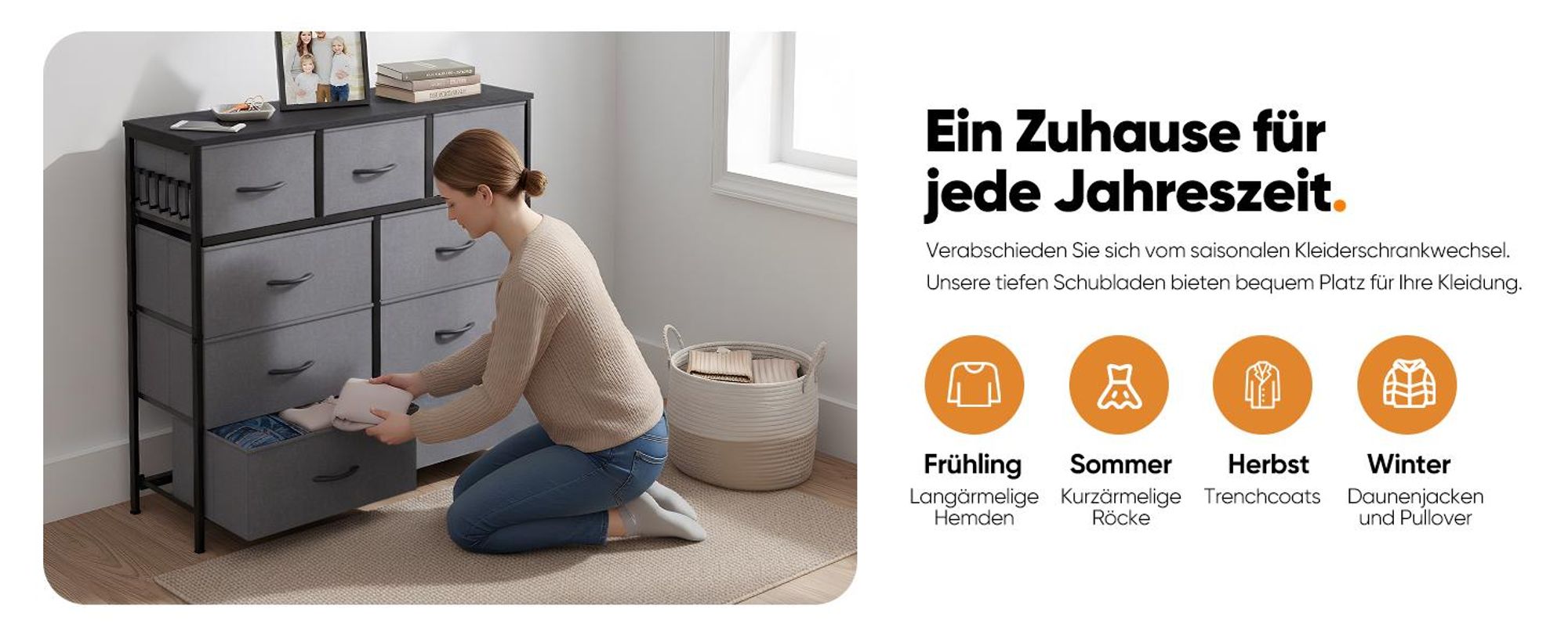 HOKEEPER Kommode mit 9 Stoffschubladen, Sideboard, Schrank, Chest of Drawers, Aufbewahrungsschrank für Schlafzimmer/Wohnzimmer/Diele