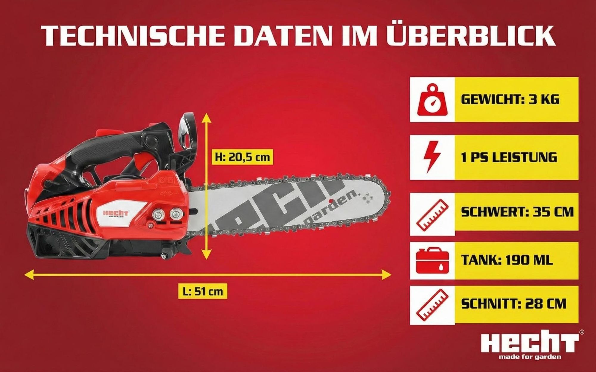 Kettensäge Motorsäge Benzin HECHT 924 R | 35 cm Schwertlänge | 1 PS | verstellbare Kettenölung | 190 ml Tank