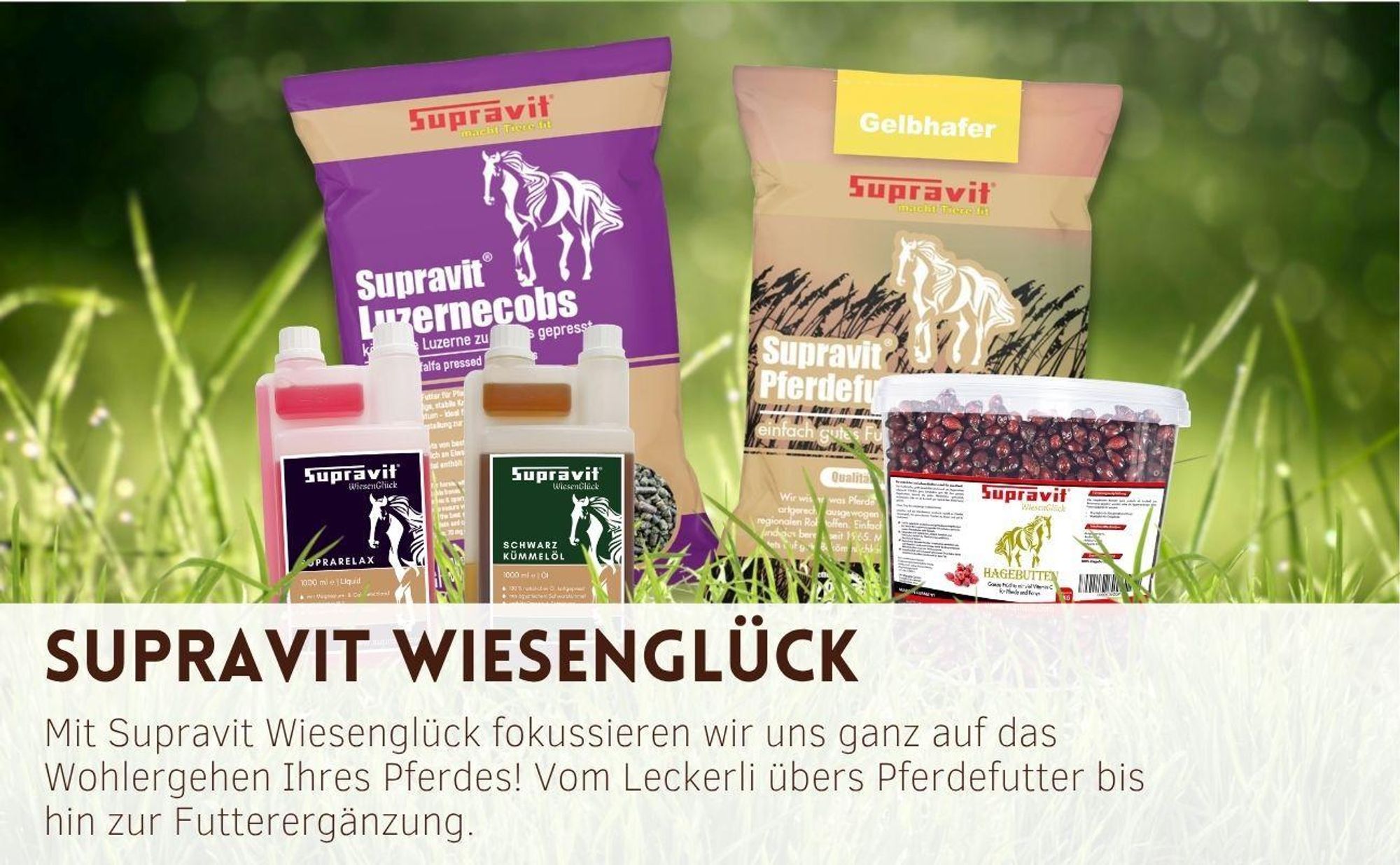 Sammlung verschiedener Supravit Wiesenglück Produkte im Grünen