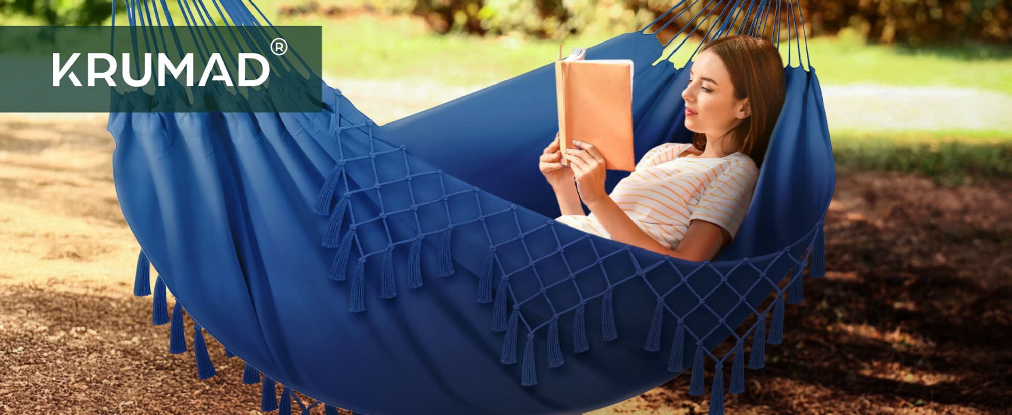 KRUMAD Hängematte Outdoor Boho-Stil 190x150 cm Blau 120 kg Belastbarkeit Mit Fransen Aufbewahrungstasche 2 Seilen Baumwolle-Polyester Outdoor Indoor