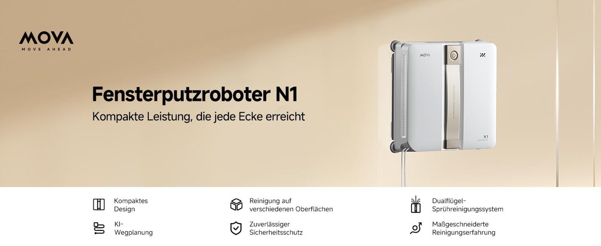 MOVA N1 Fensterputzroboter – kompakt, leicht, 8000 Pa Saugleistung, 32 m² Reichweite, 120 ml Wassertank, Smart Clean
