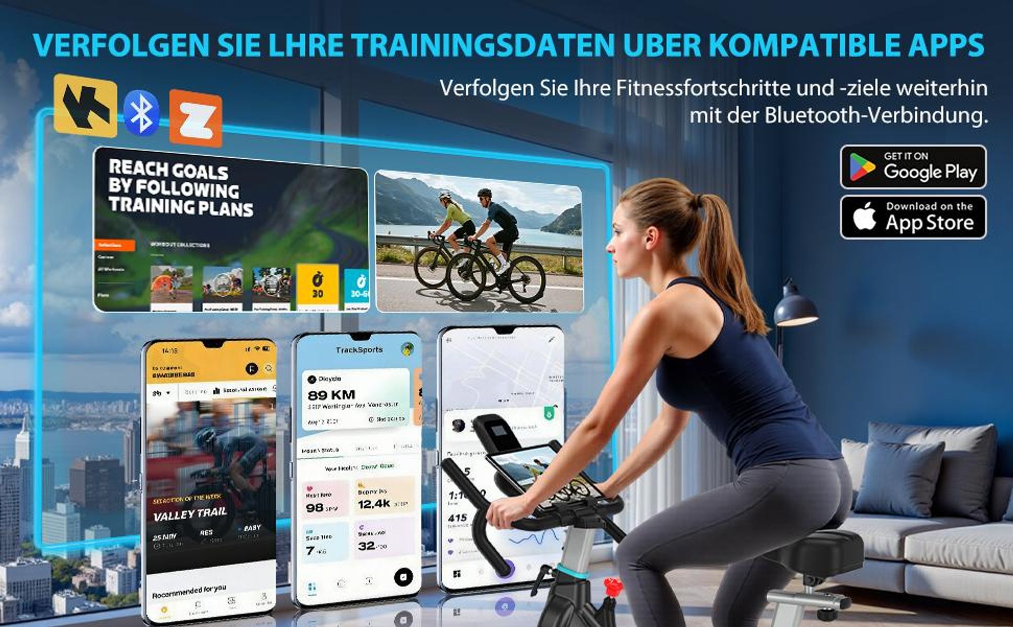 Heimtrainer Fahrrad mit App, Ergometer Hometrainer Fahrrad mit Verstellbarem Widerstand, Leises  Bike Indoor mit LCD-Monitor, Belastbar 160 kg