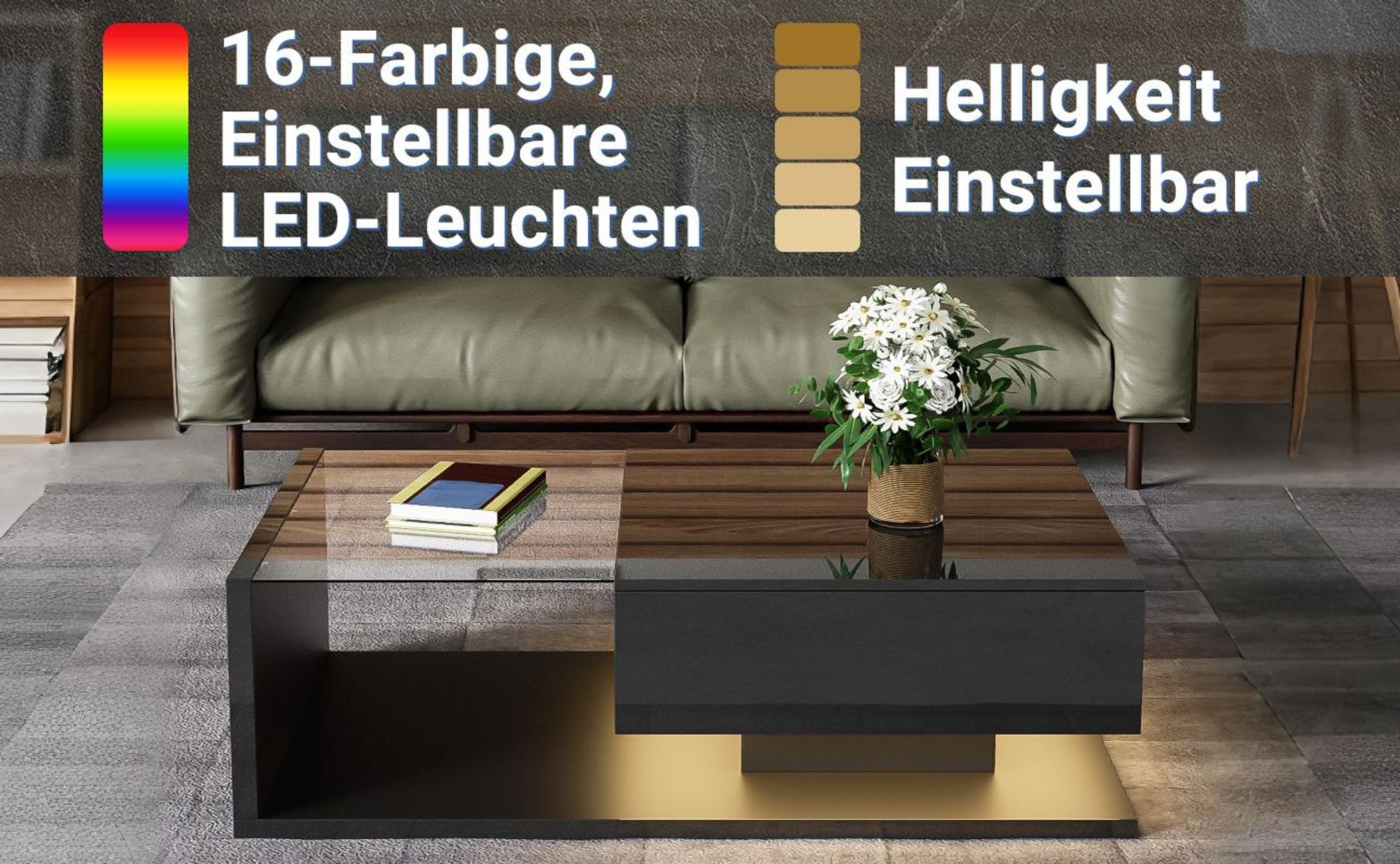 MODFU Couchtisch Schwarz Hochglanz mit Glas und LED–Rechteckiger Wohnzimmertisch mit Ablagefach,Beistelltisch & Sofatisch für Wohn- und Schlafzimmer