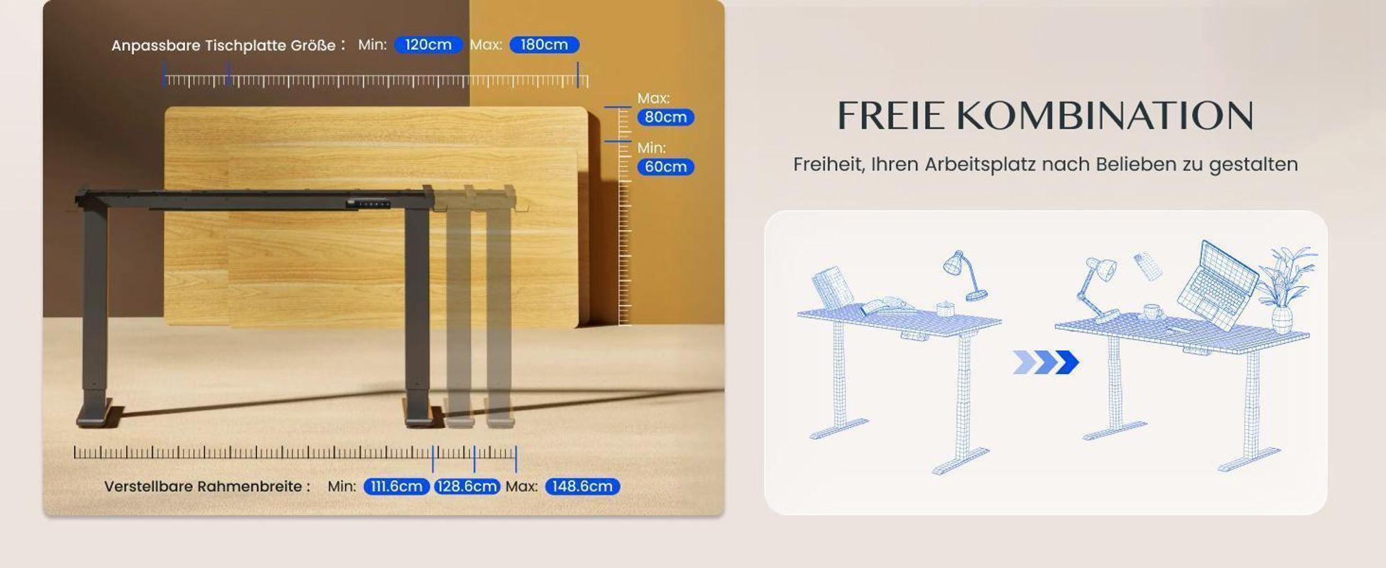 FlexiSpot E1 Pro Höhenverstellbarer Schreibtisch Elektrisch, Dualmotor 120 kg Tragkraft 4 Memory-Steuerung, Anti-Kollisionsschutz (Mousseweiß)