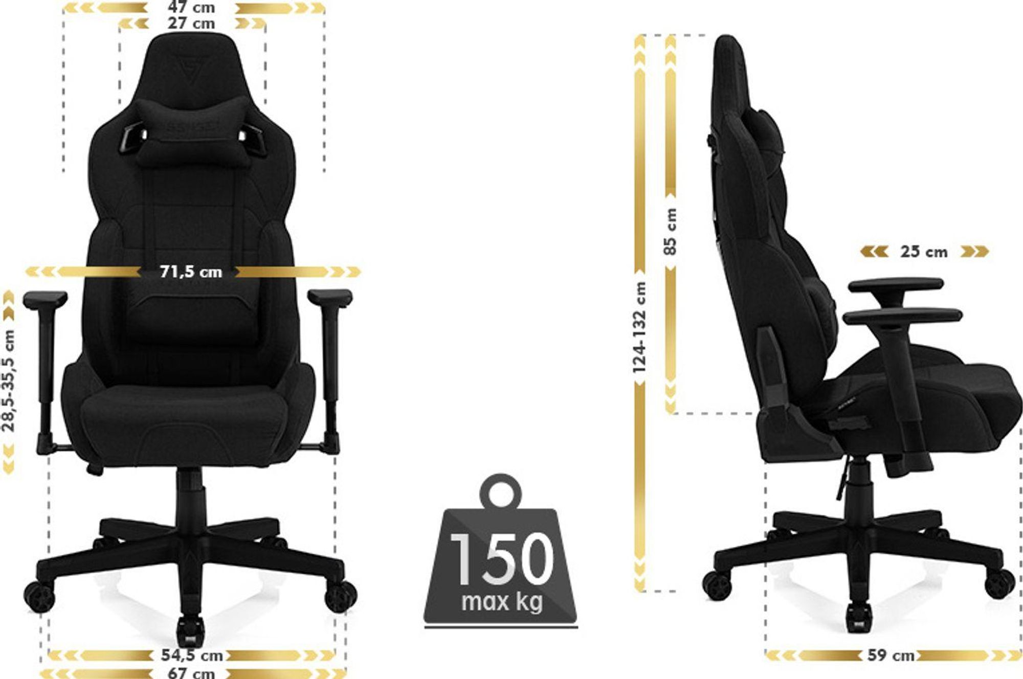 Fotel gamingowy SENSE7 Sentinel – ergonomiczny fotel biurowy z podłokietnikami 3D, pochyleniem 160°, funkcją kołysania, wyściółką HDE™, siłownikiem gazowym, nośność do 150 kg, kolor czarny