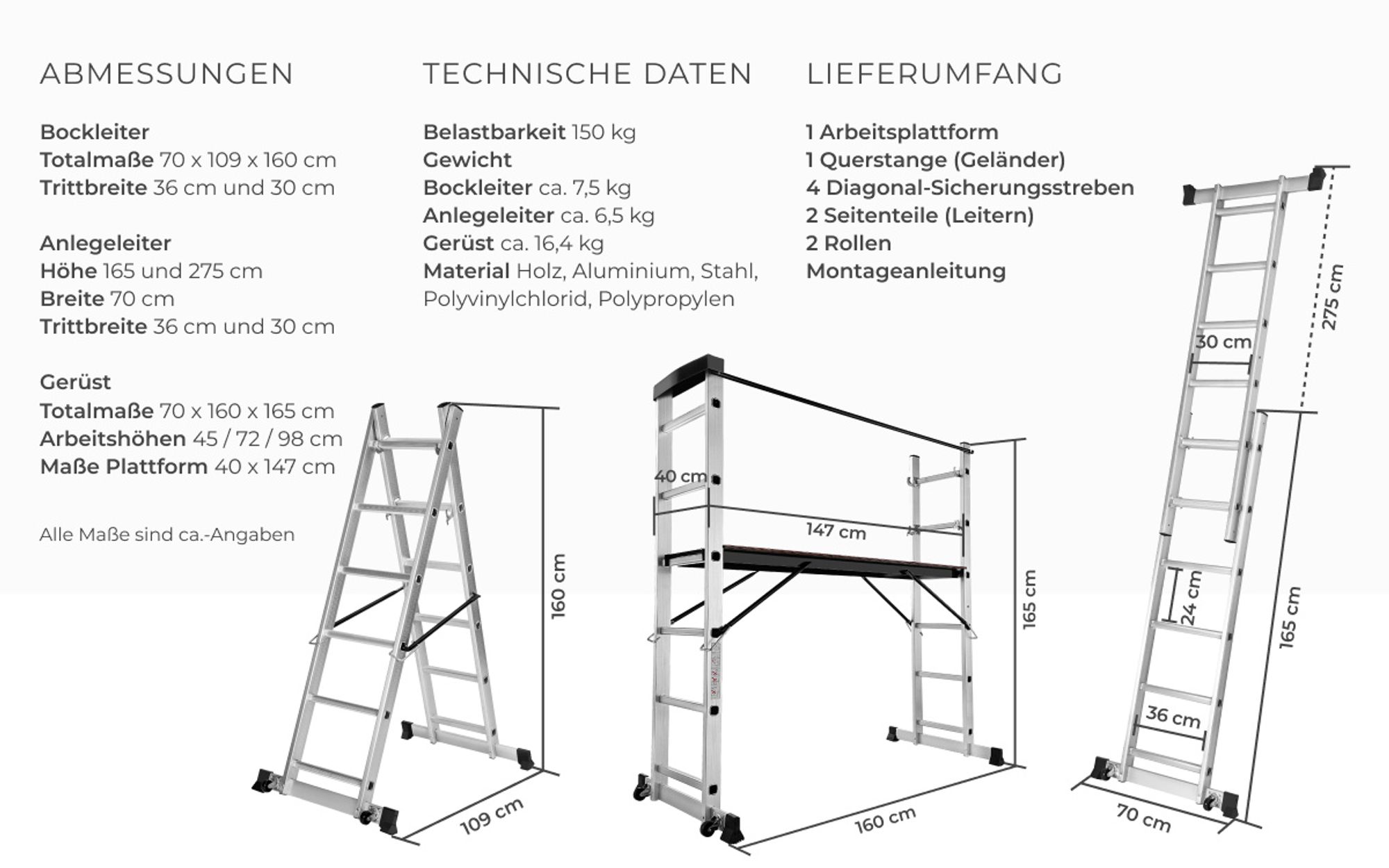 tectake® Aluminium Multigerüst 4 in 1 Belastbarkeit 150 kg