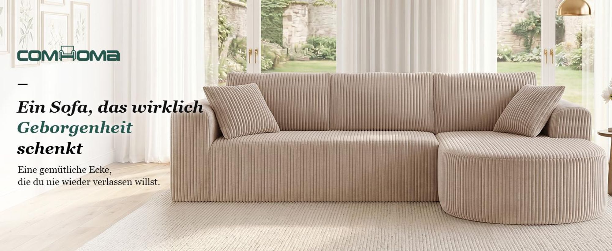 COMHOMA Ecksofa mit Schlaffunktion, 263cm Corduroy Modulares Boneless Couch mit Chaiselongue, L-Form Schlafsofa, Sektionssofas mit Kissen & Seitentasc