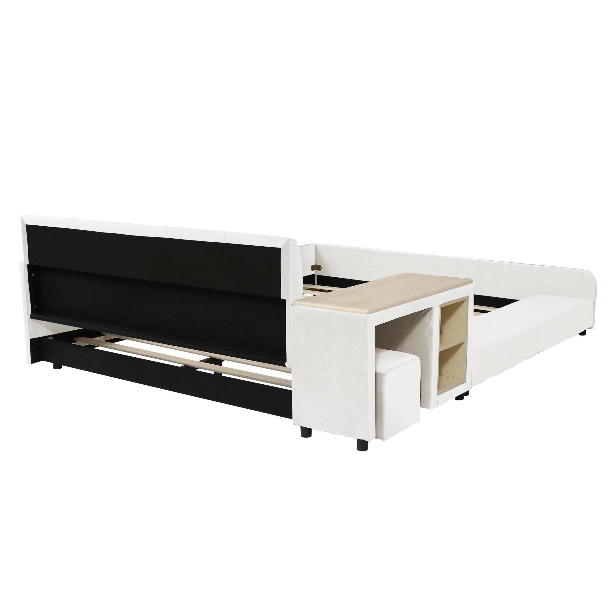 Flieks Polsterbett Kinderbett 140x200cm mit Schreibtisch und Hocker, Bodenbett Doppelbett mit Rausfallschutz, Holzbett mit Lattenrost, Samt, Weiß