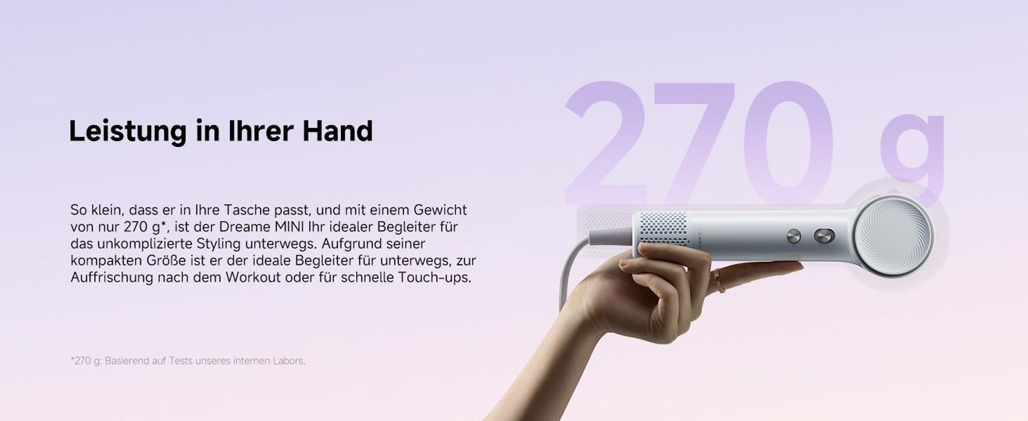 Dreame Mini Hochleistungs-Haartrockner,270g leicht,schnelltrocknend Fön,100K U/min Motor,NTC-Temperaturregelung, Negativ-Ionen,5 Steuerungsmodi,Blau