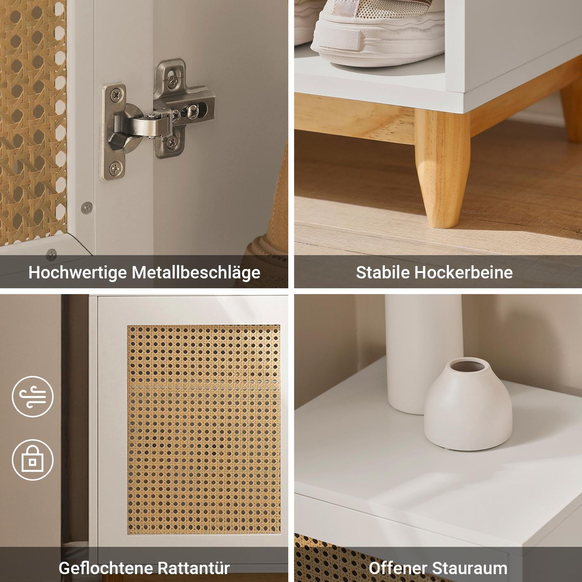 SoBuy Schuhbank mit Stauraum, Sitzbank für Flur mit Schuhregal und Gitteroptik, schmale Dielenbank für Eingang & Garderobe, Weiß-Natur FSR128-W