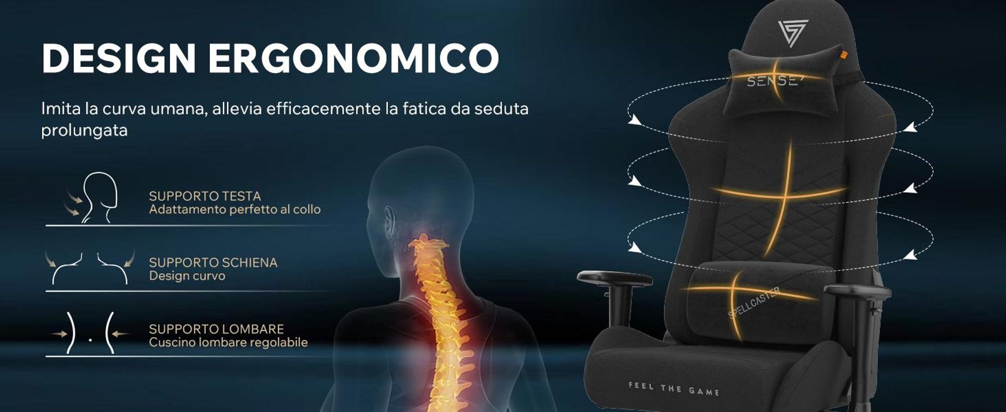 SENSE7 Spellcaster SENSHI Sedia da gaming in tessuto nero - Sedia da ufficio ergonomica, sedia da scrivania, sedia da gaming, portata 150 kg, braccioli 2D, poltrona direzionale
