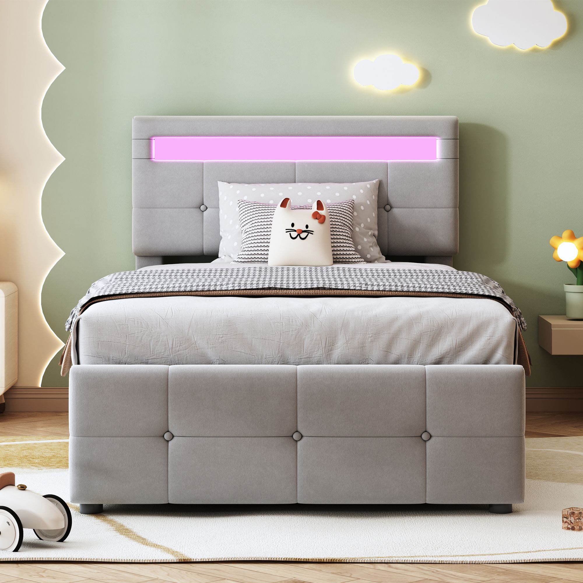 Flieks Hydraulisches Polsterbett 90x200cm mit LED, Jugendbett Einzelbett mit Lattenrost, Stauraumbett Boxspringbett höhenverstellbarem Kopfteil, Samt